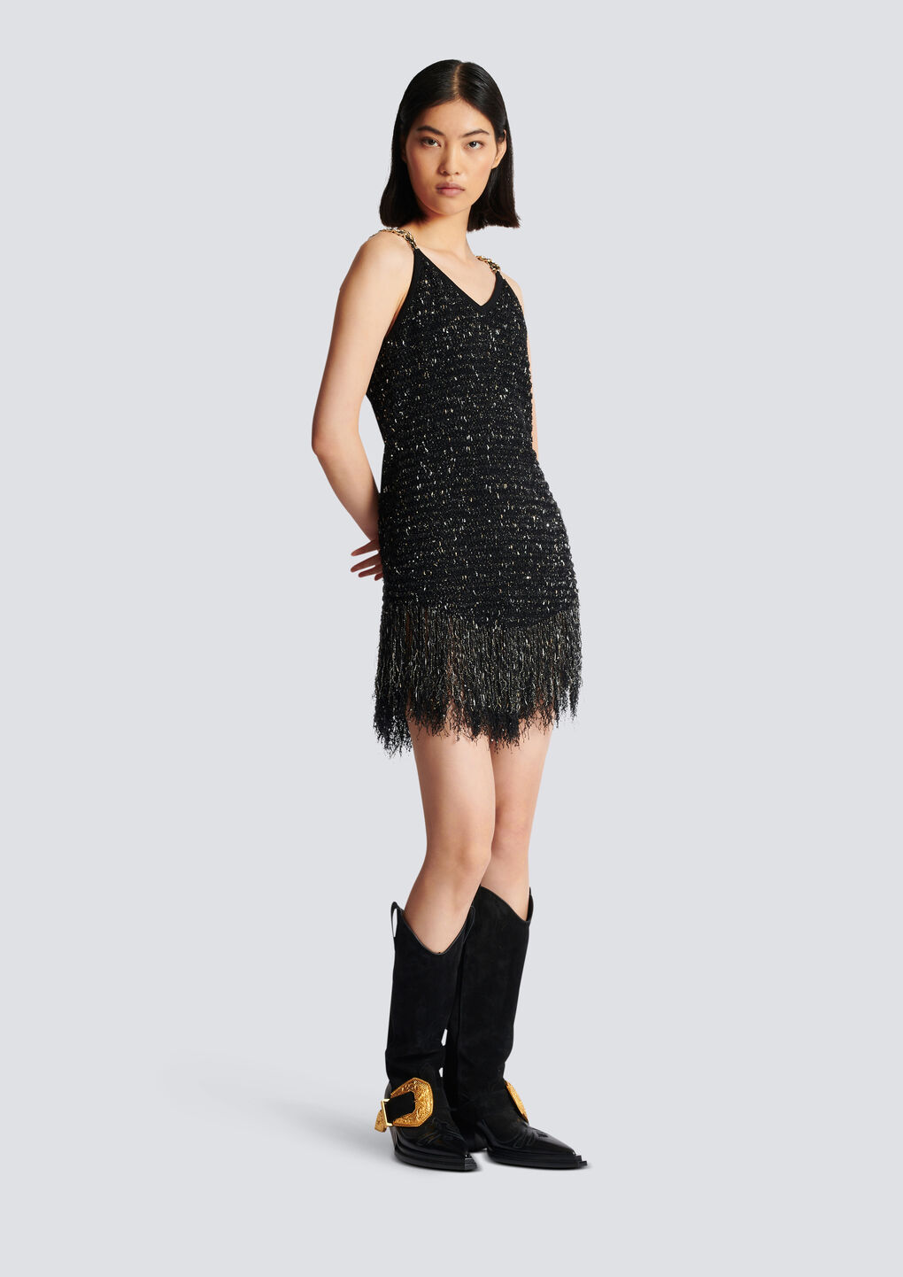 Balmain Chain-embellished Fringed Sequined Bouclé-tweed Mini Dress In Black