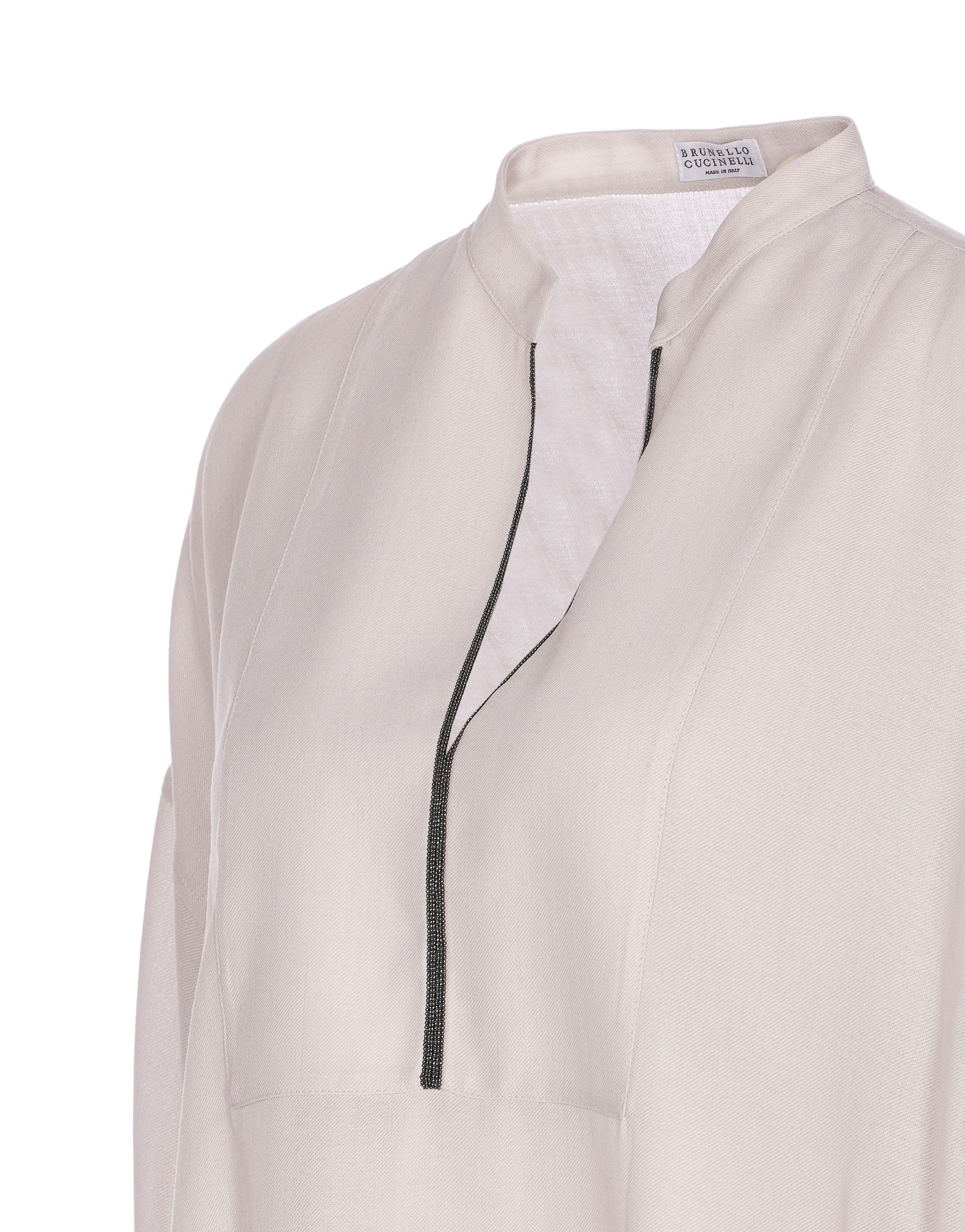 Brunello Cucinelli Long Sleeve V-neck Mandarin Collar Top In Neutral