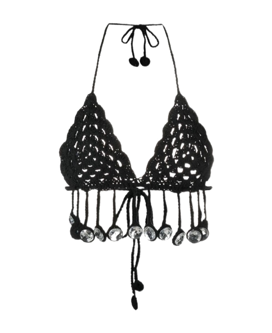 Moschino Cotton Blend Crochet Triangle Bra Top In Black
