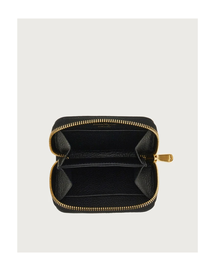 Ferragamo Black Coin Purse With Gancino Logo In Hammered Leaher Woman In Black
