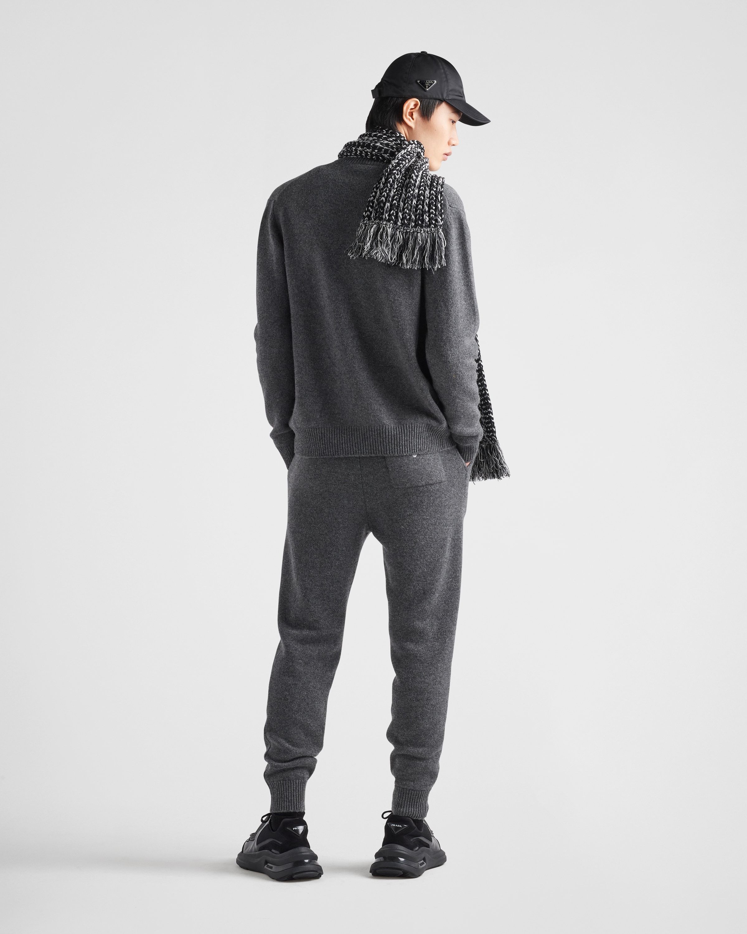 Prada Logo-embroidered Knitted Cashmere Trousers In Gray