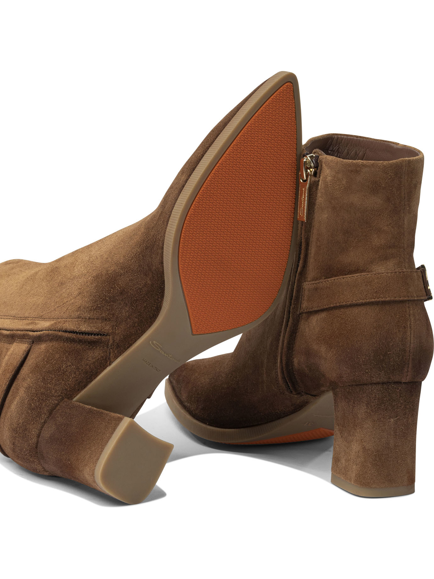 Santoni Block Heel Suede Ankle Boots With Buckle In Brown