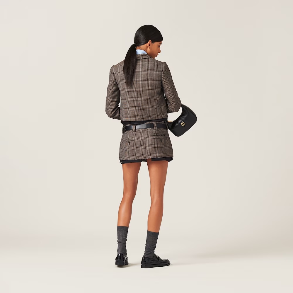 Miu Miu Prince Of Wales Virgin Wool Miniskirt In Brown