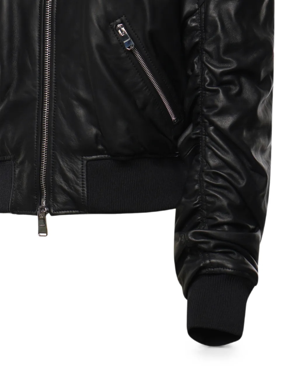 Dondup Ruched Leather Bomber Jacket In Black