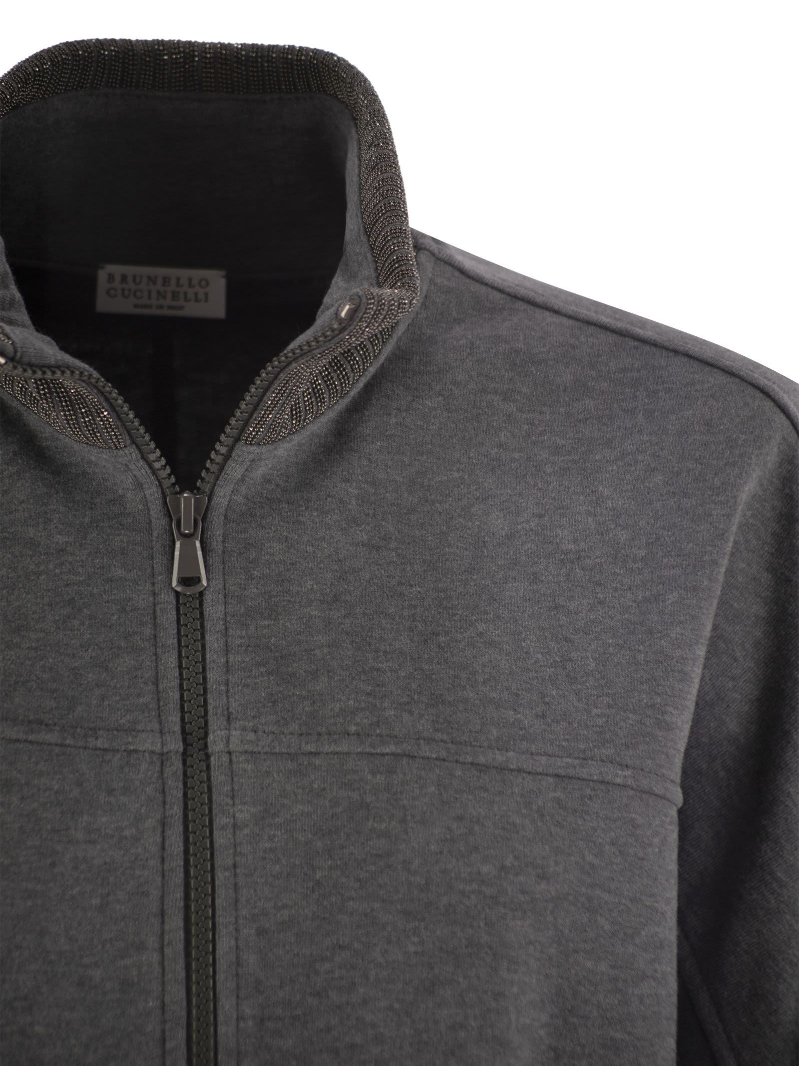 Brunello Cucinelli Women's Smooth Cotton Fleece Topwear With Ribbed Collar Precious In Black