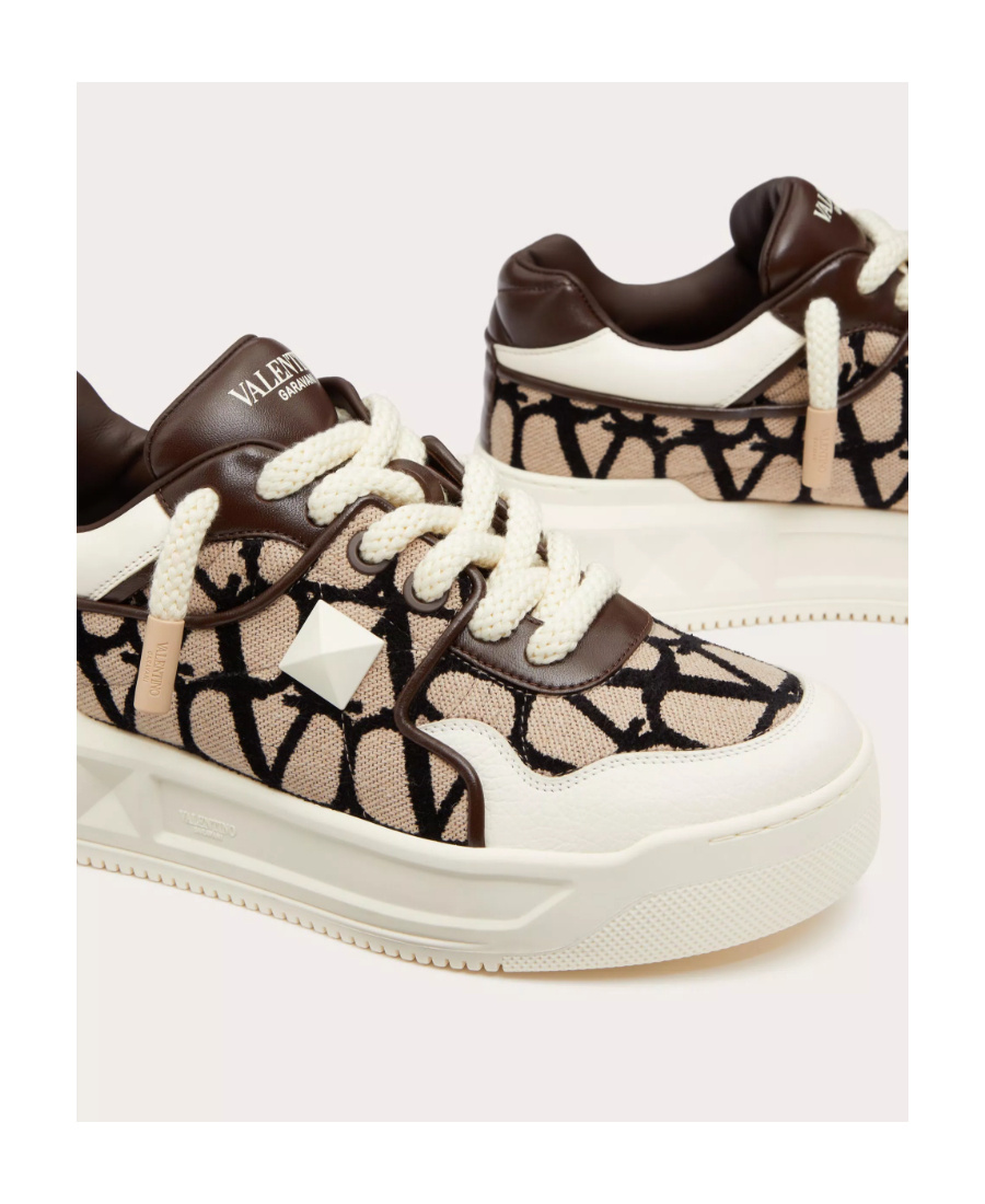 Valentino Garavani One Stud Xl Low-top Trainer In Nappa Leather And Toile Iconographe Fabric In Multicolor