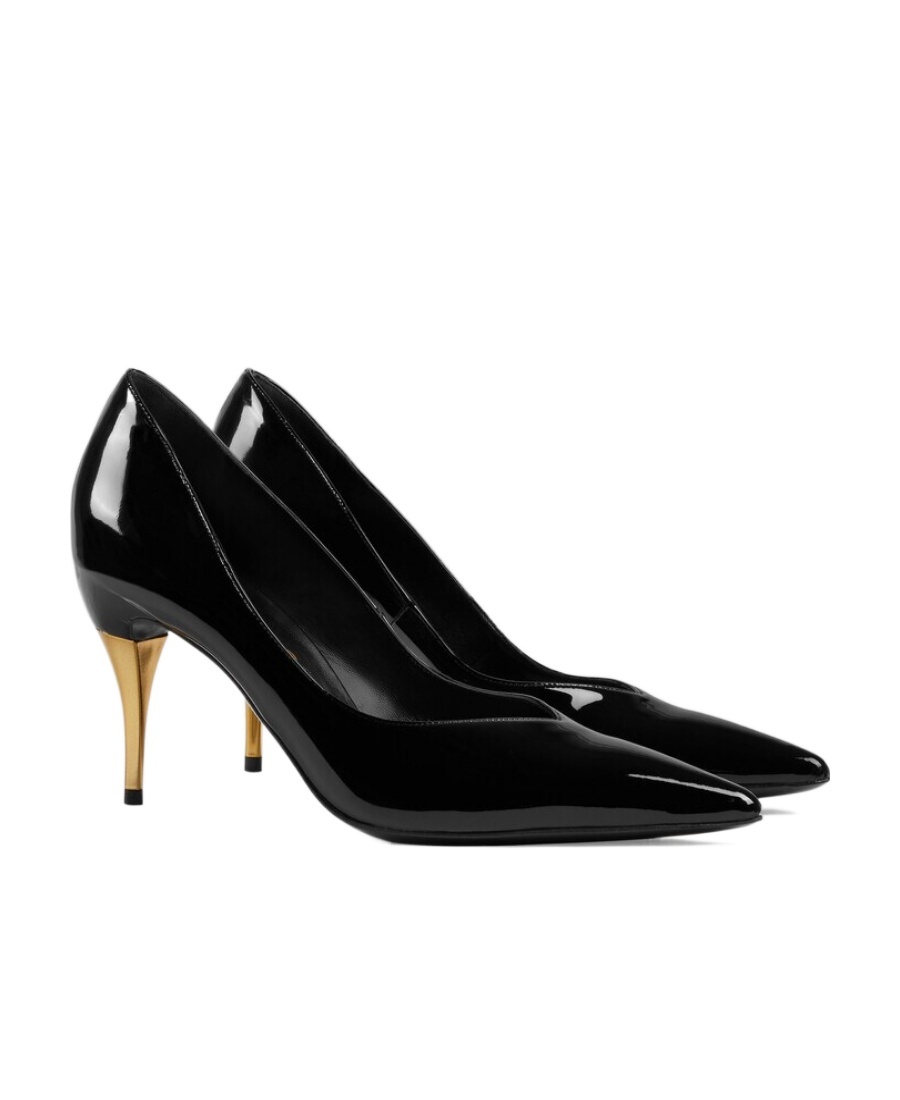 Gucci Gold-heel Patent Leather Pumps In Black