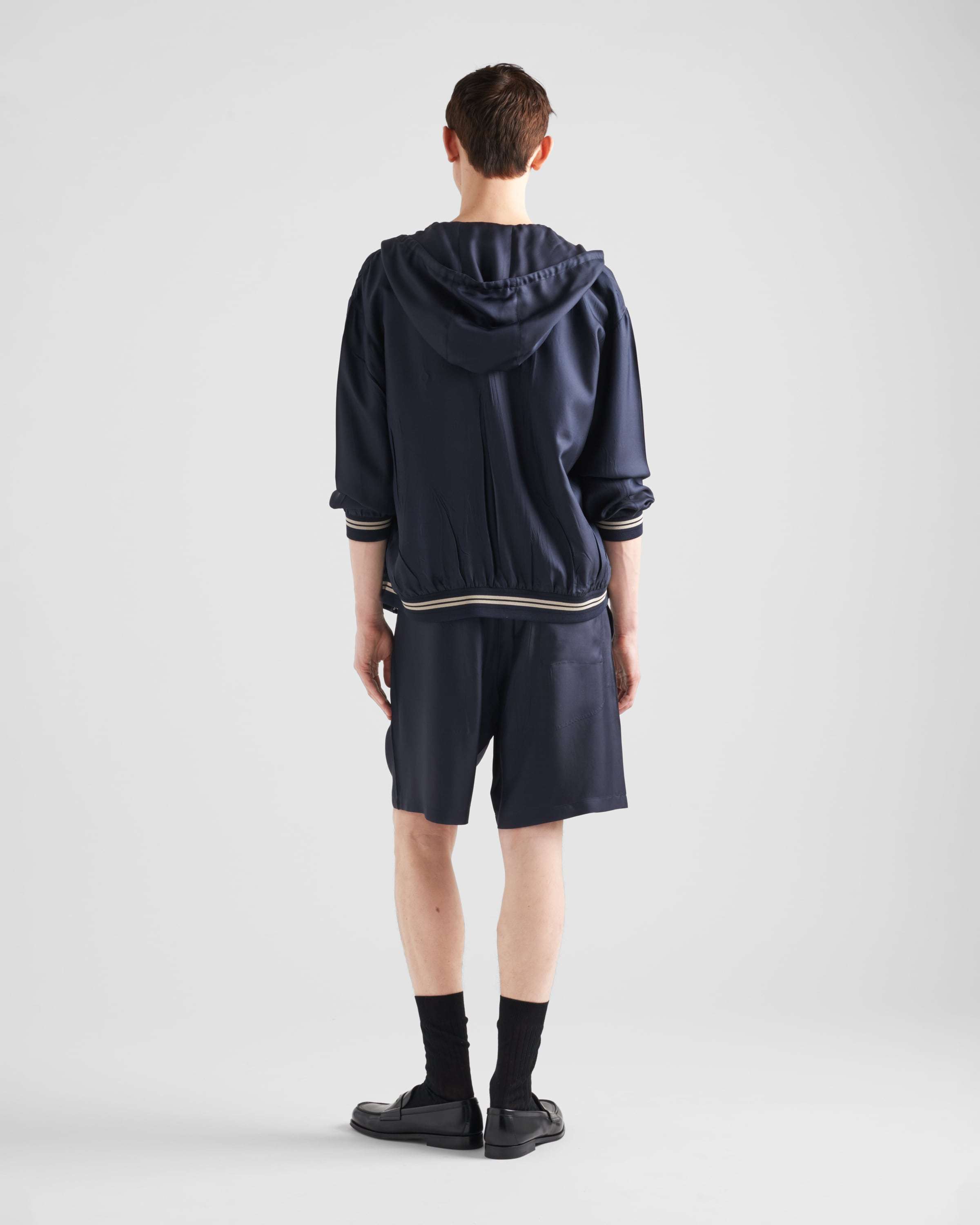 Prada Logo-print Silk Hooded Jacket In Blue