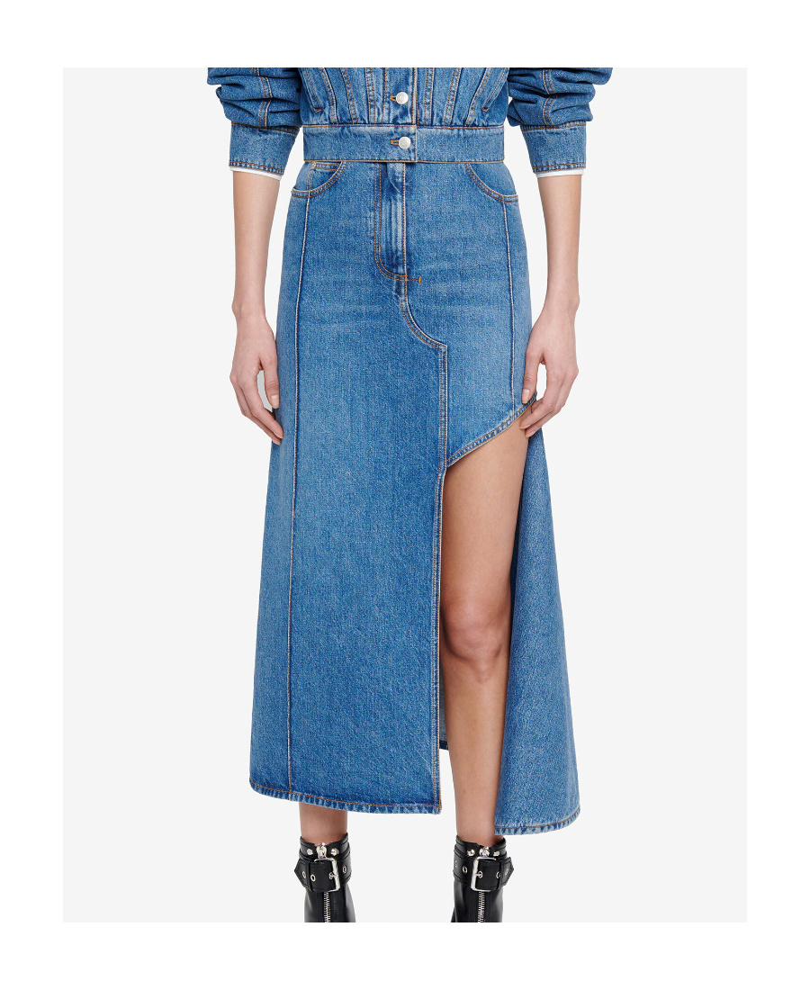 Alexander Mcqueen Denim Midi Skirt With Asymmetric High Slit In Blue