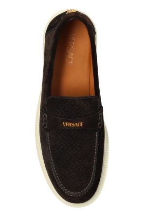 Versace Suede Greco Monogram Loafers In Brown