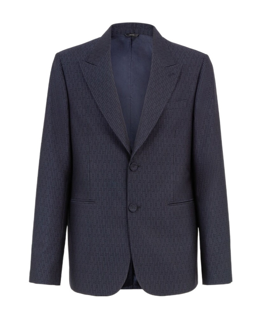 Fendi Ff Motif Long Sleeve Wool Jacket In Blue