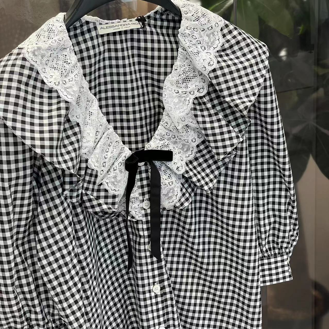 Alessandra Rich Check-print Ruffle-collar Shirt In Gray