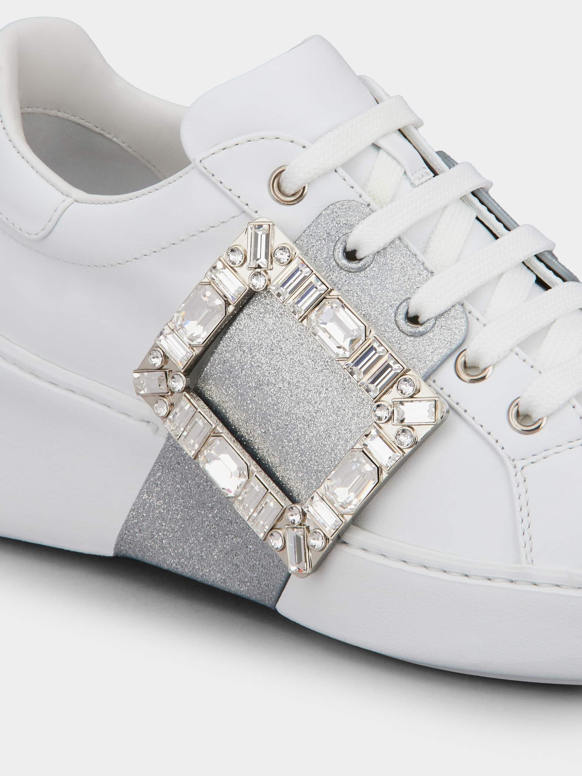 Roger Vivier White Viv Skate Sneakers With Rhinestone Buckles In White