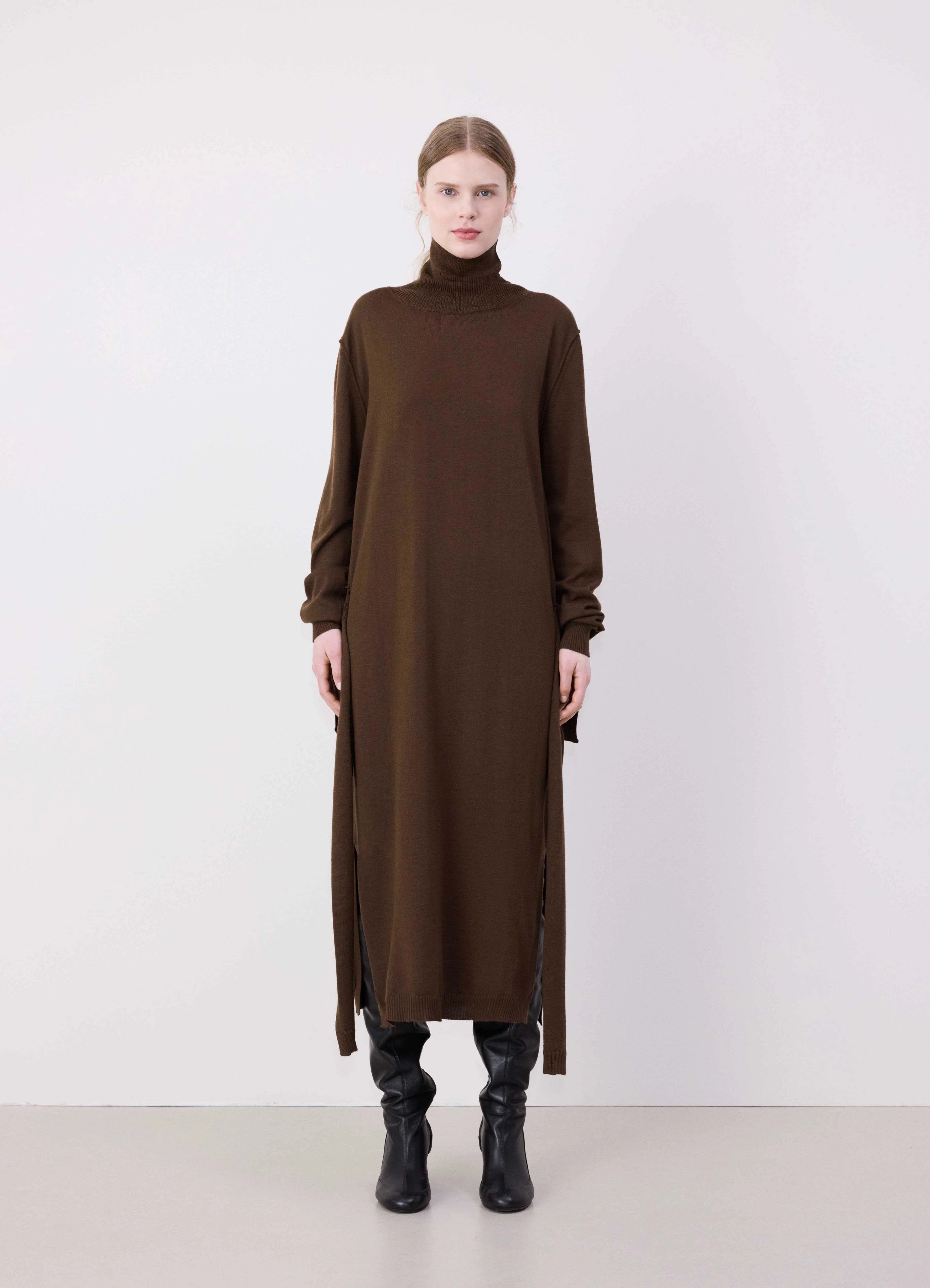 Shop Lemaire Trompe L'oeil Turtleneck Belted Midi Dress In Brown