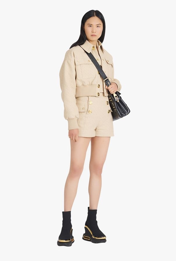 BALMAIN NUDE AND WHITE BALMAIN MONOGRAM JACQUARD PRINT SHORTS