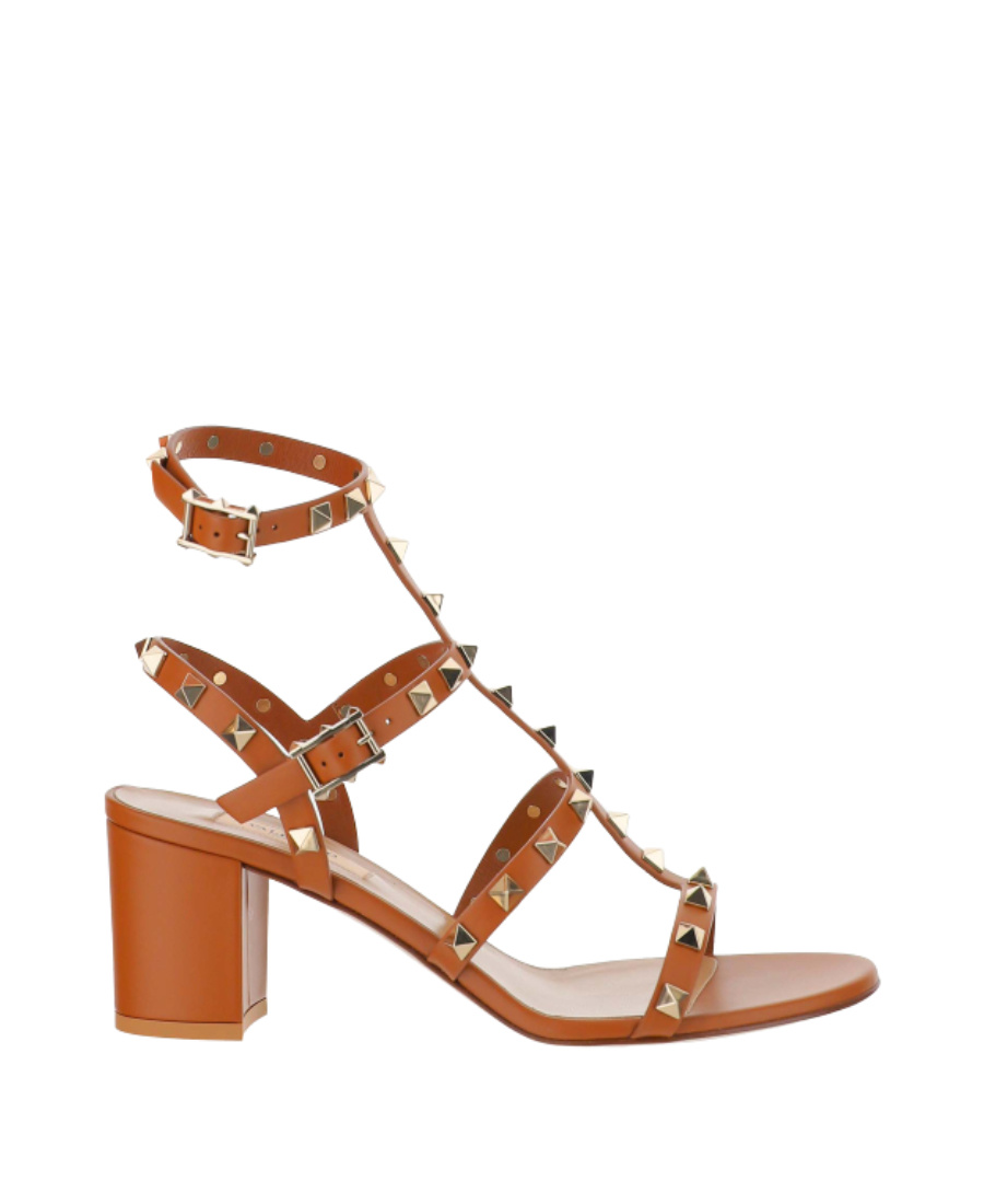 Valentino Rockstud Thick Mid-heeled Sandals In Brown