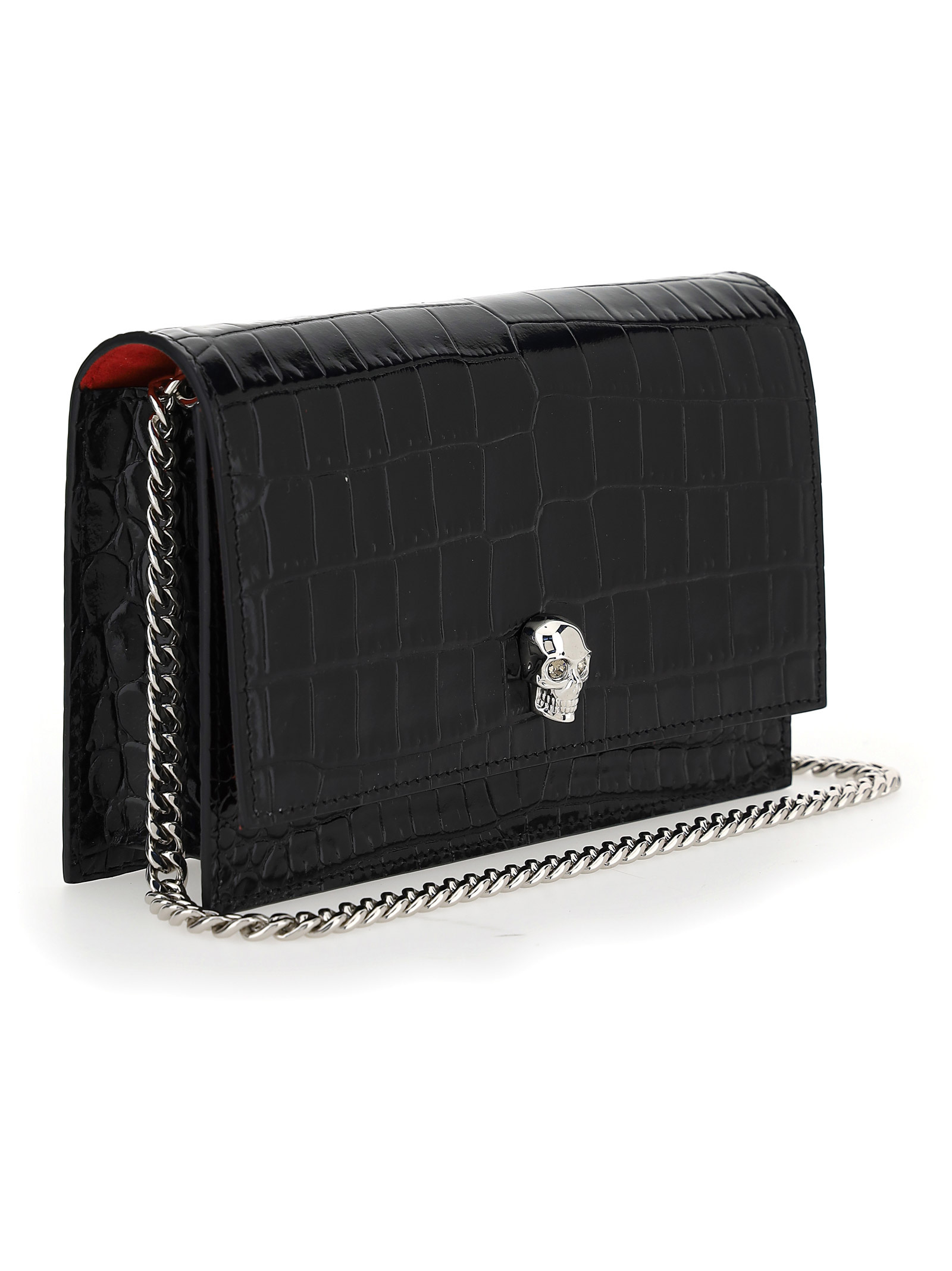 Alexander Mcqueen Mini Skull Croc Embossed Leather Shoulder Bag In Black