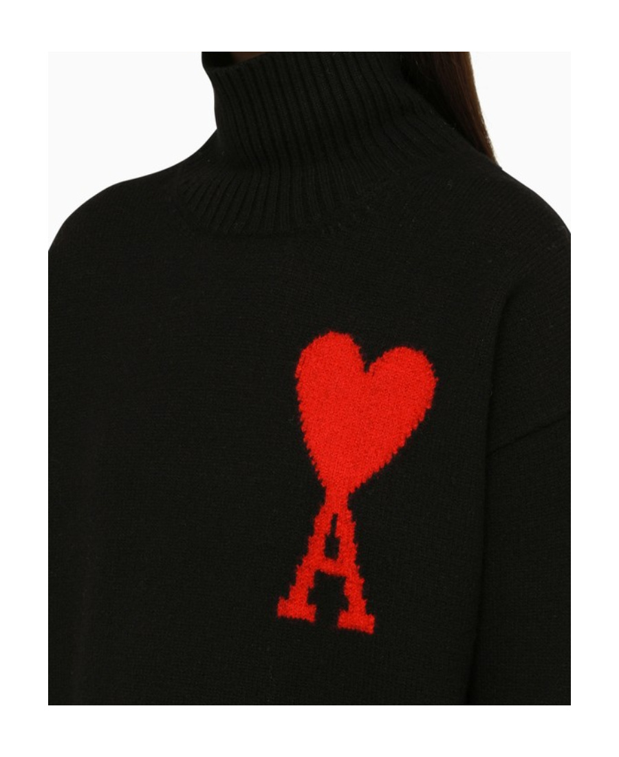 Ami Alexandre Mattiussi Ami Paris Funnel-neck Sweater With Heart Intarsia Design In Black