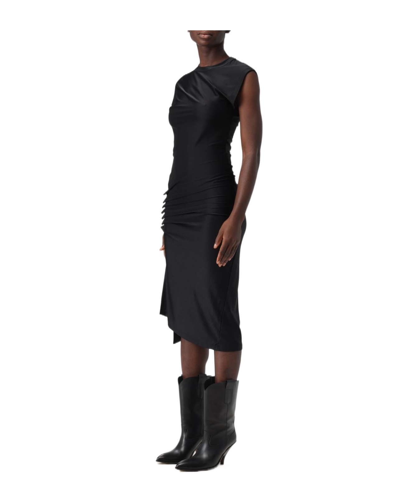 Rabanne Black Dress With Silver-tone Buttons And Draped Detail In Black