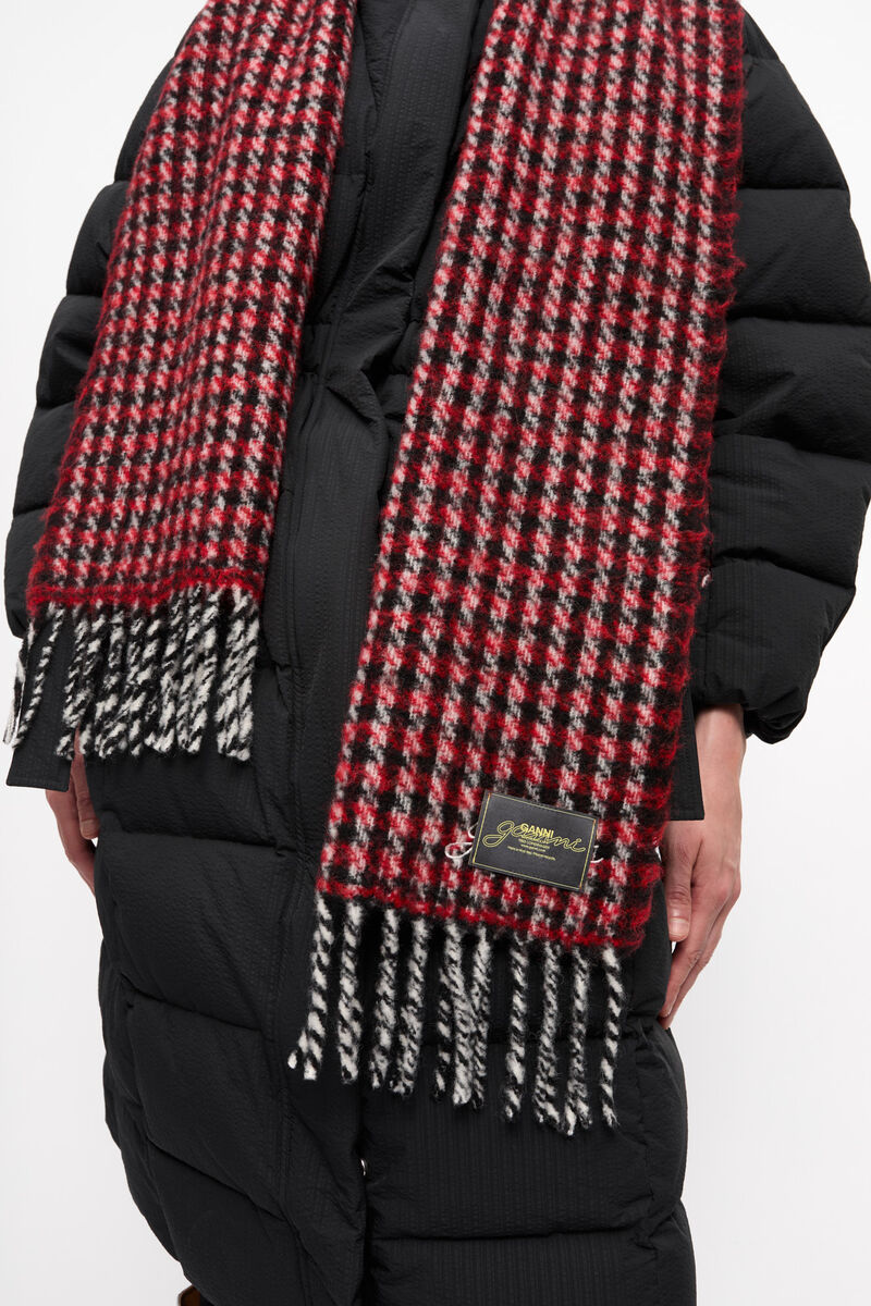 Ganni Red Check Fringed Scarf In Brown
