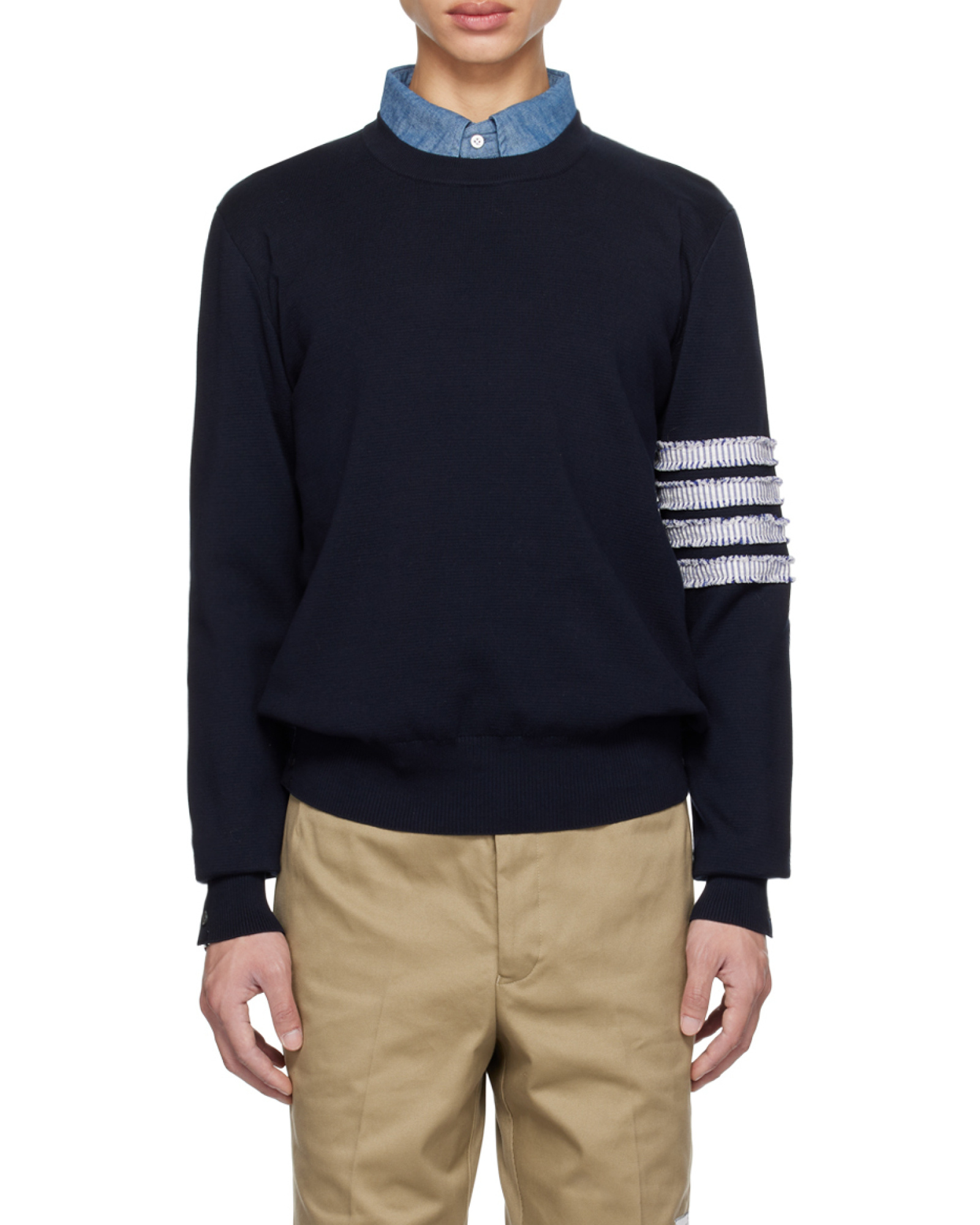 Thom Browne Blue Crewneck Swwater With 4-bar On The Sleeve And Ribbed Trims In Wool Man In Navy Blue