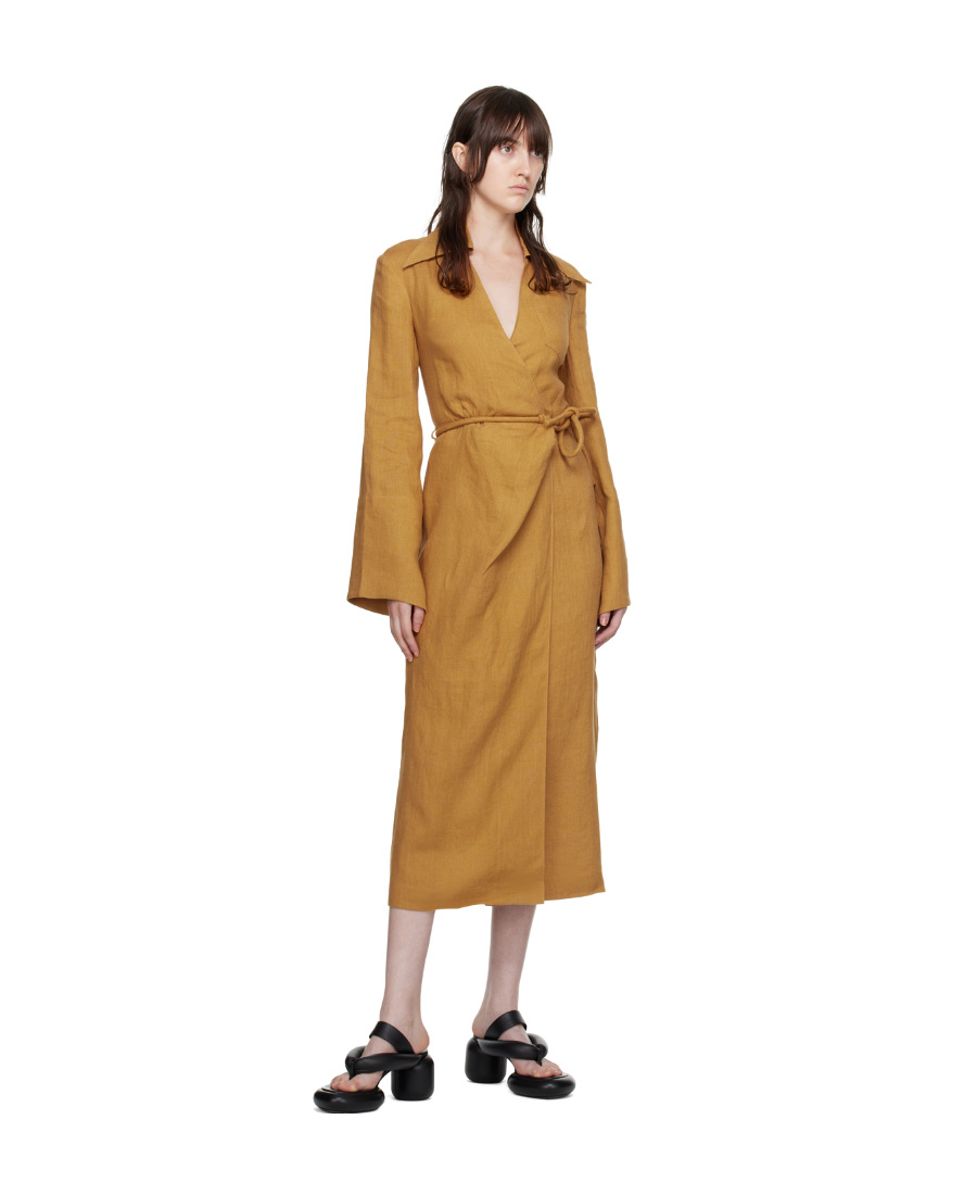 Nanushka Open-back Linen Midi Wrap Dress In Brown