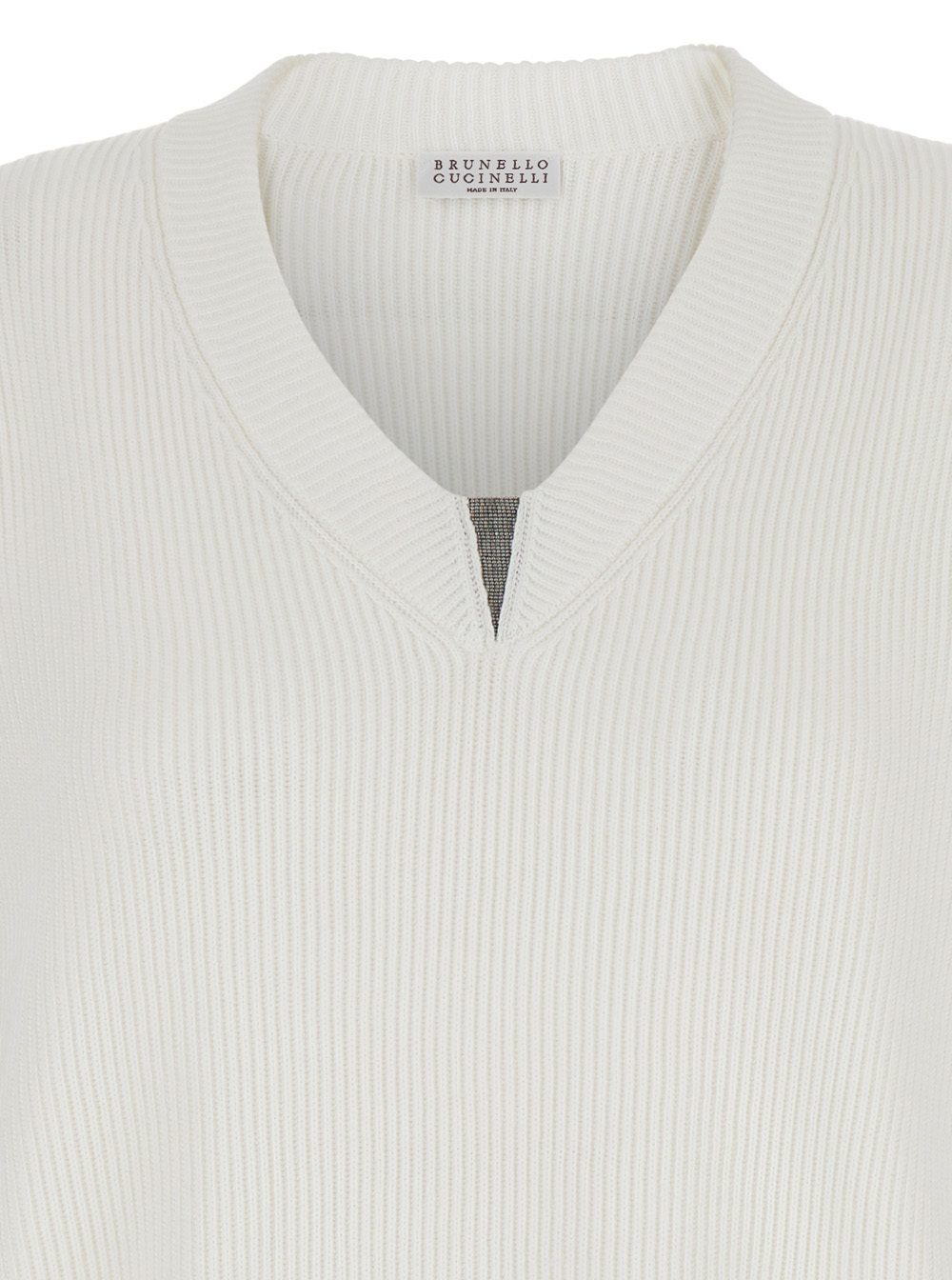 Brunello Cucinelli White Sweater With V Neck And Monile Detail On The Front In Cotton Woman In White