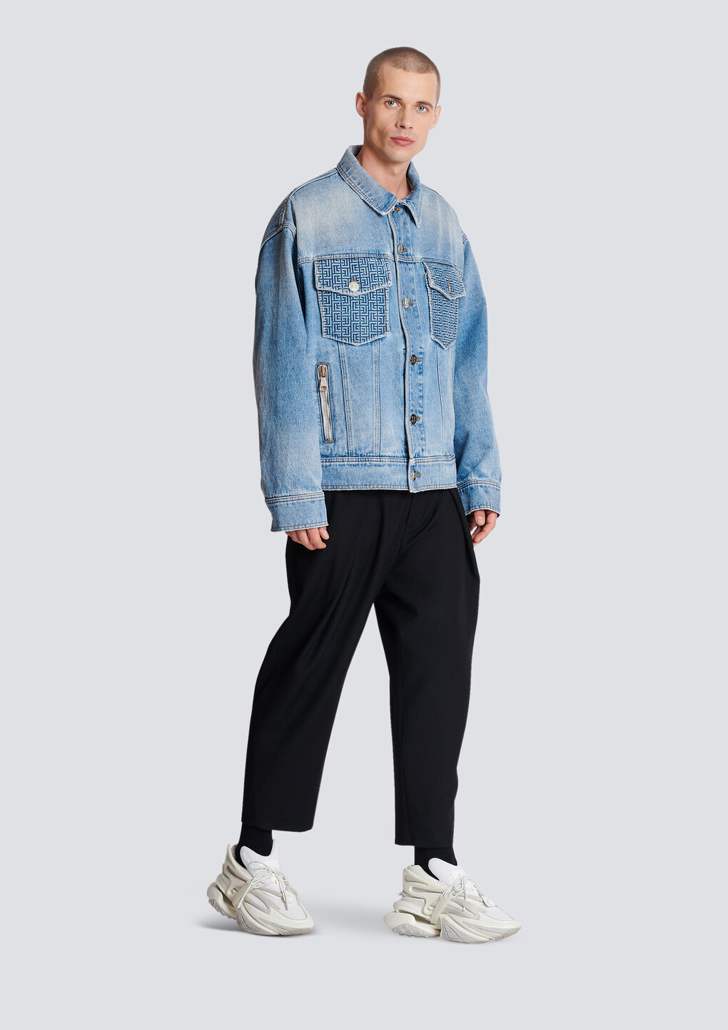 Shop Balmain Denim Jacket With Logo In Blue