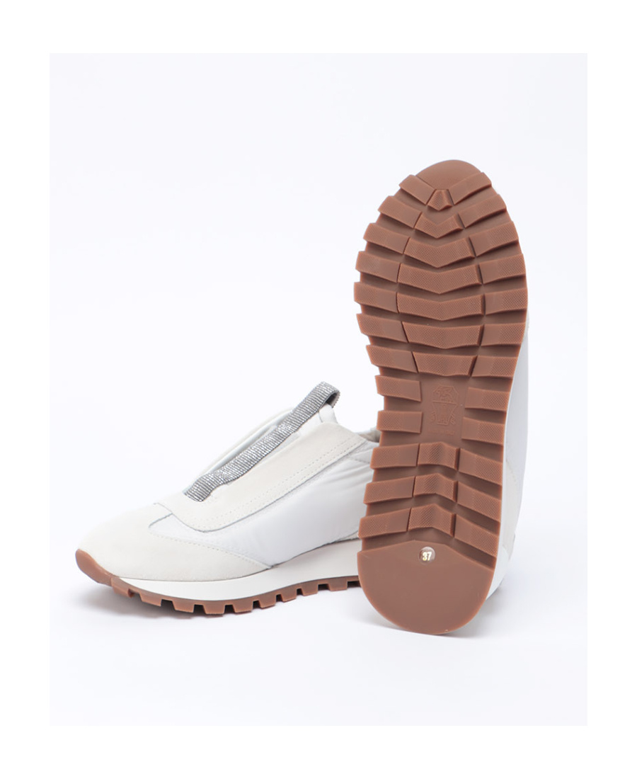 Brunello Cucinelli Women Slip On Sneakers In Leather And Fabric In Neutral