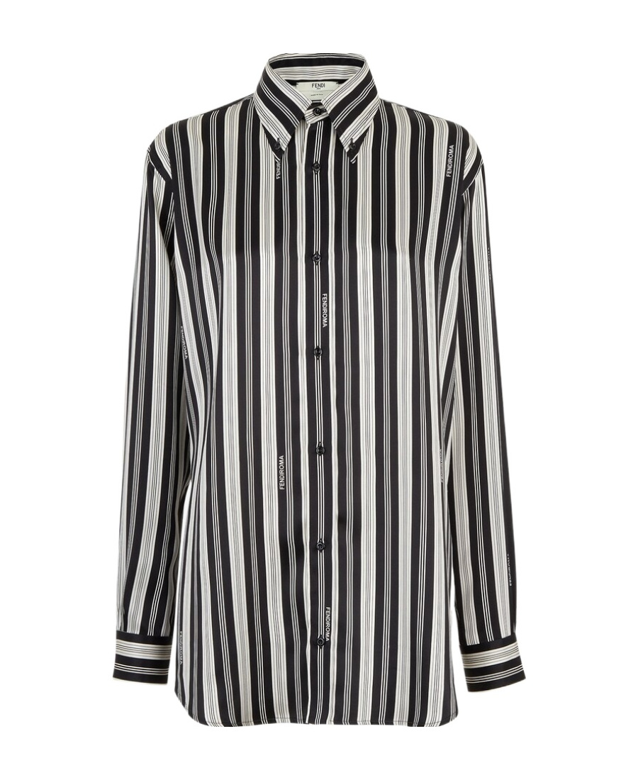 Shop Fendi Striped Satin Silk Shirt In Black