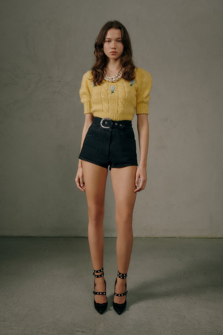 Alessandra Rich Belted High-waisted Denim Shorts In Black