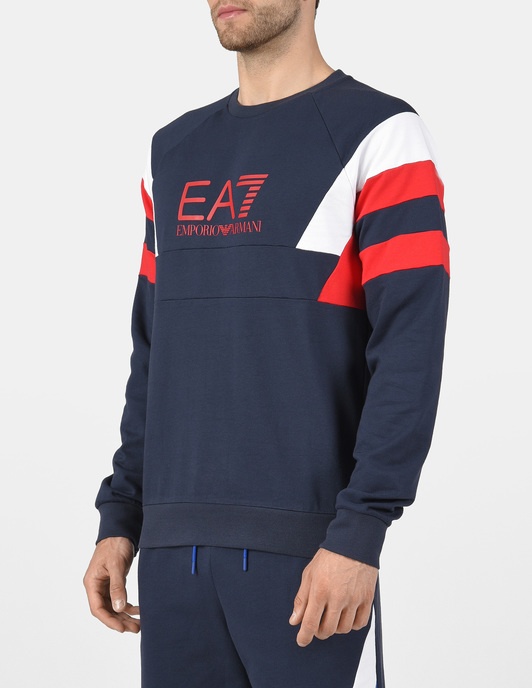 Ea7 Navy Blue Logo Round-necked Sweater In Black