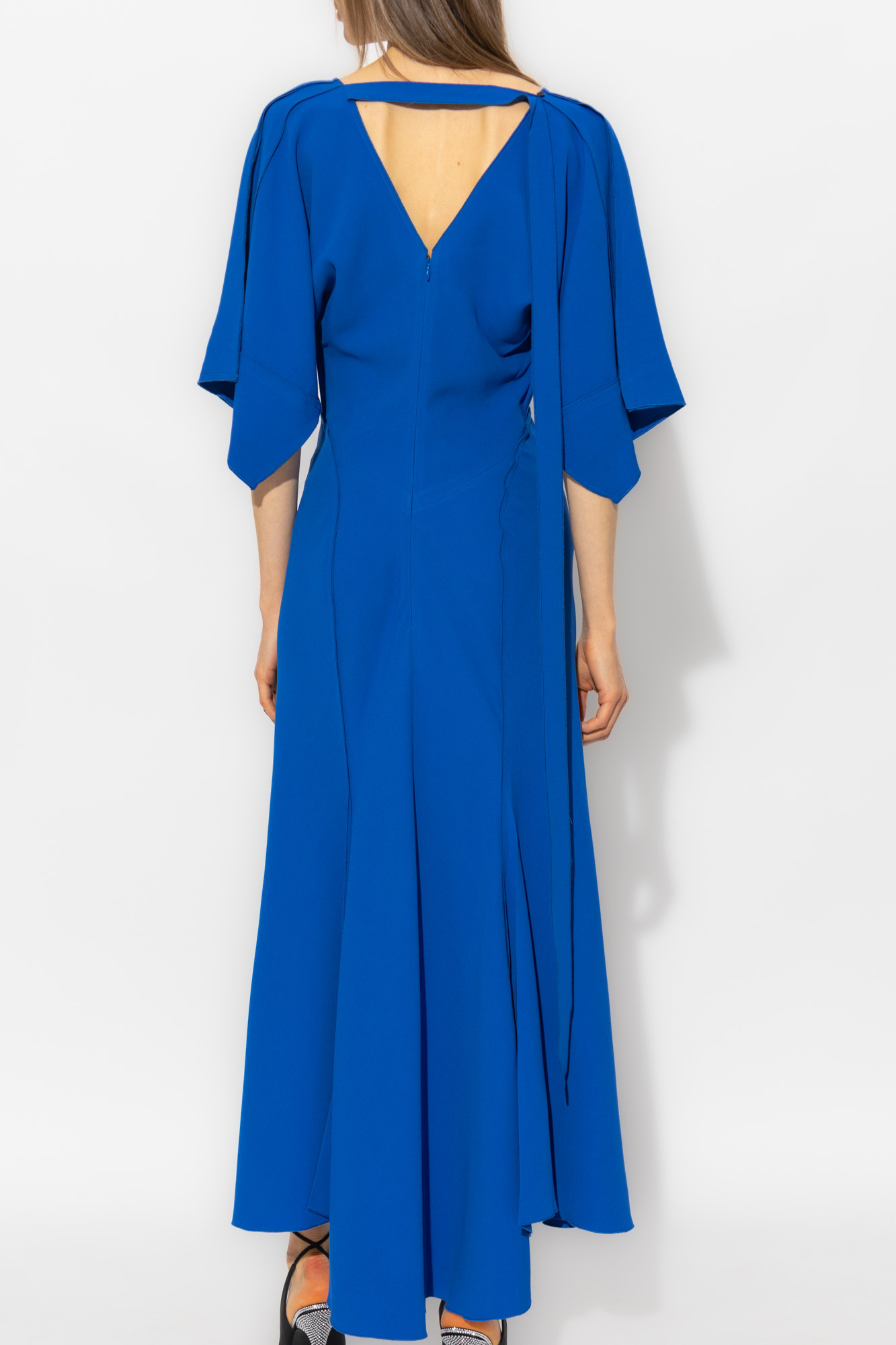 Victoria Beckham Hem Asymmetric Flared Midi V-neck Dress In Blue