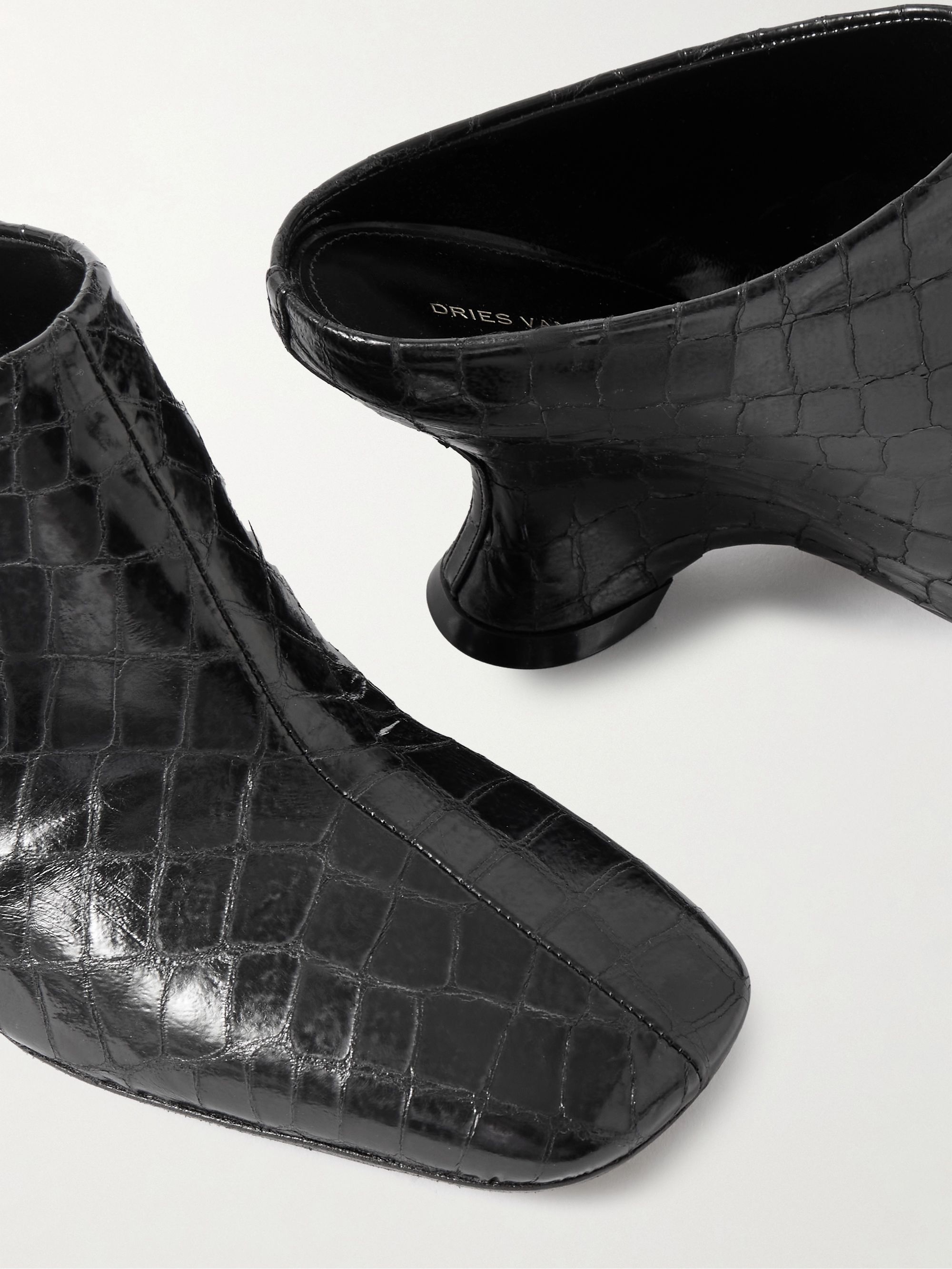 Dries Van Noten Croc-effect Leather Wedge Mules In Black