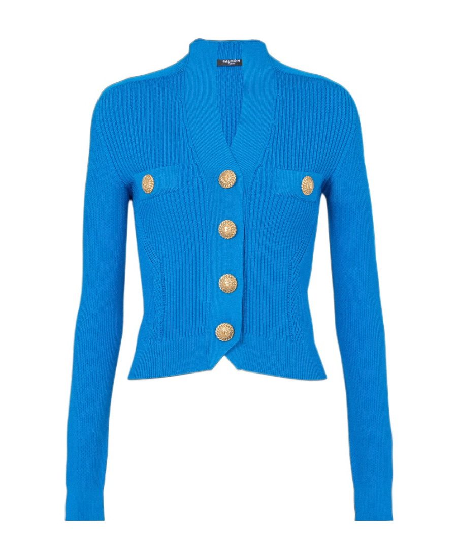 Balmain Embossed-button Ribbed Cardigan In Blue