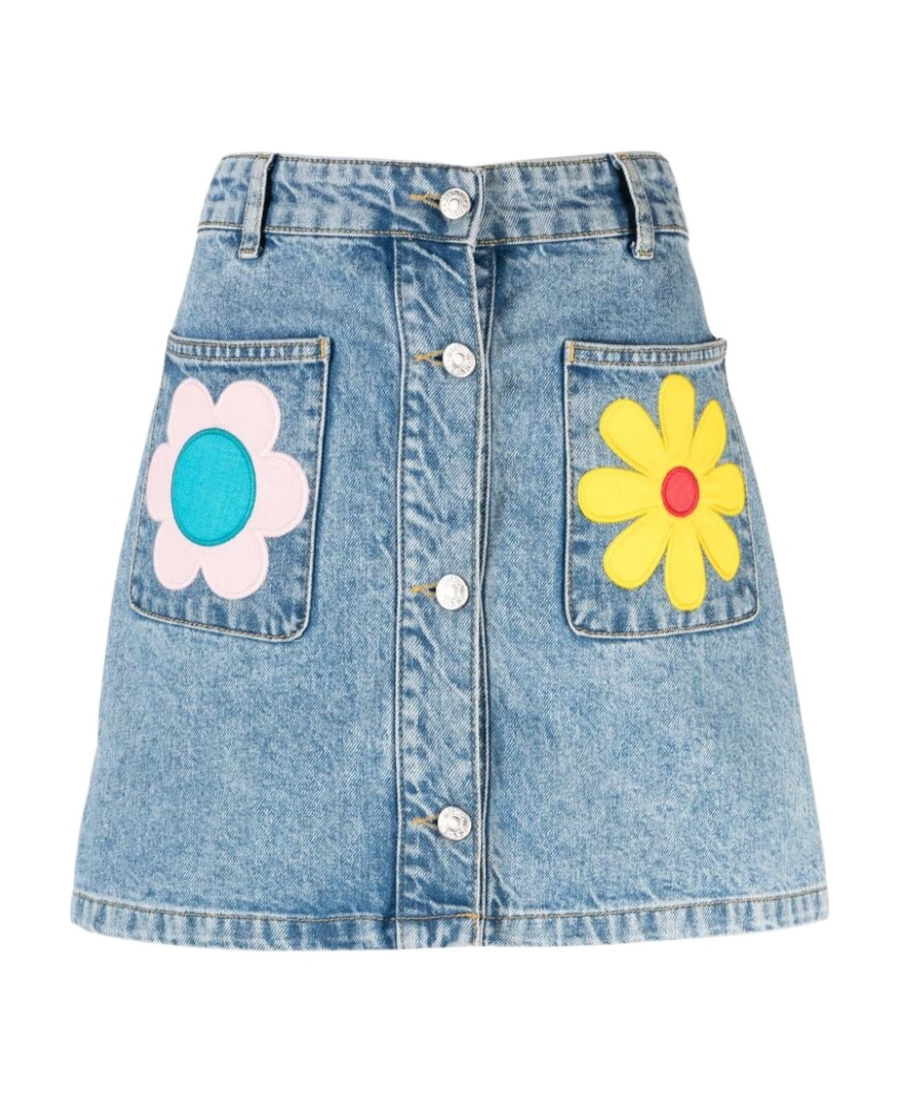 Shop Moschino Floral-patches Denim Miniskirt In Blue