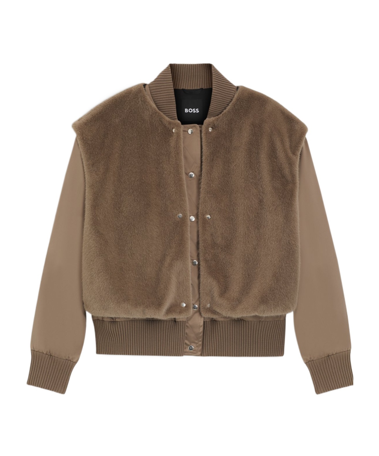 Hugo Boss Boss  Removable Faux-fur Gilet Satin Bomber Jacket In Brown