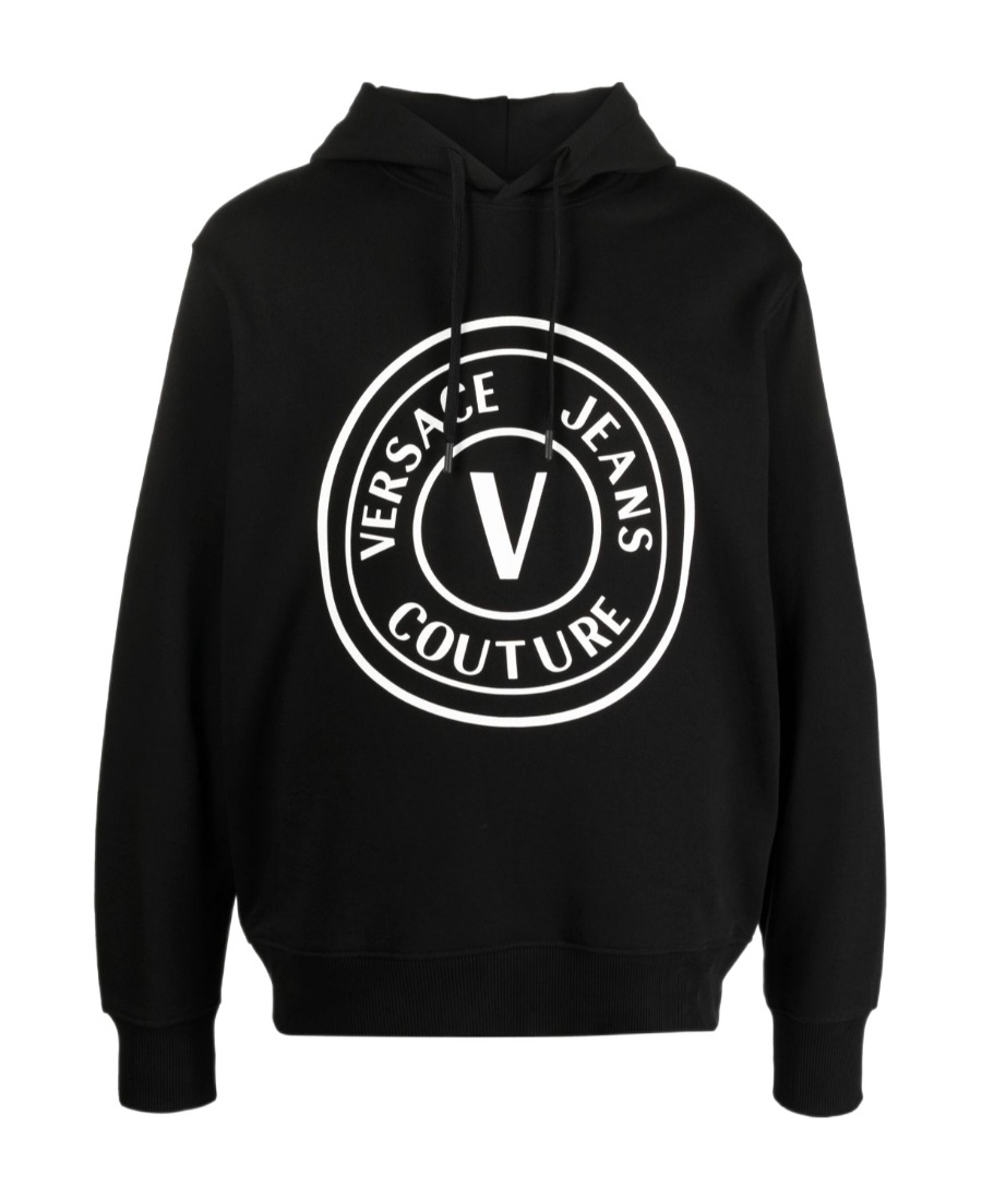 Versace Jeans Hooded Cotton Sweatshirt With Long Sleeves In Black