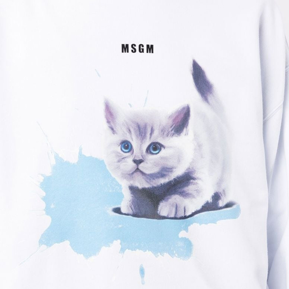 Msgm Kitten Print Round-neck Sweater In White