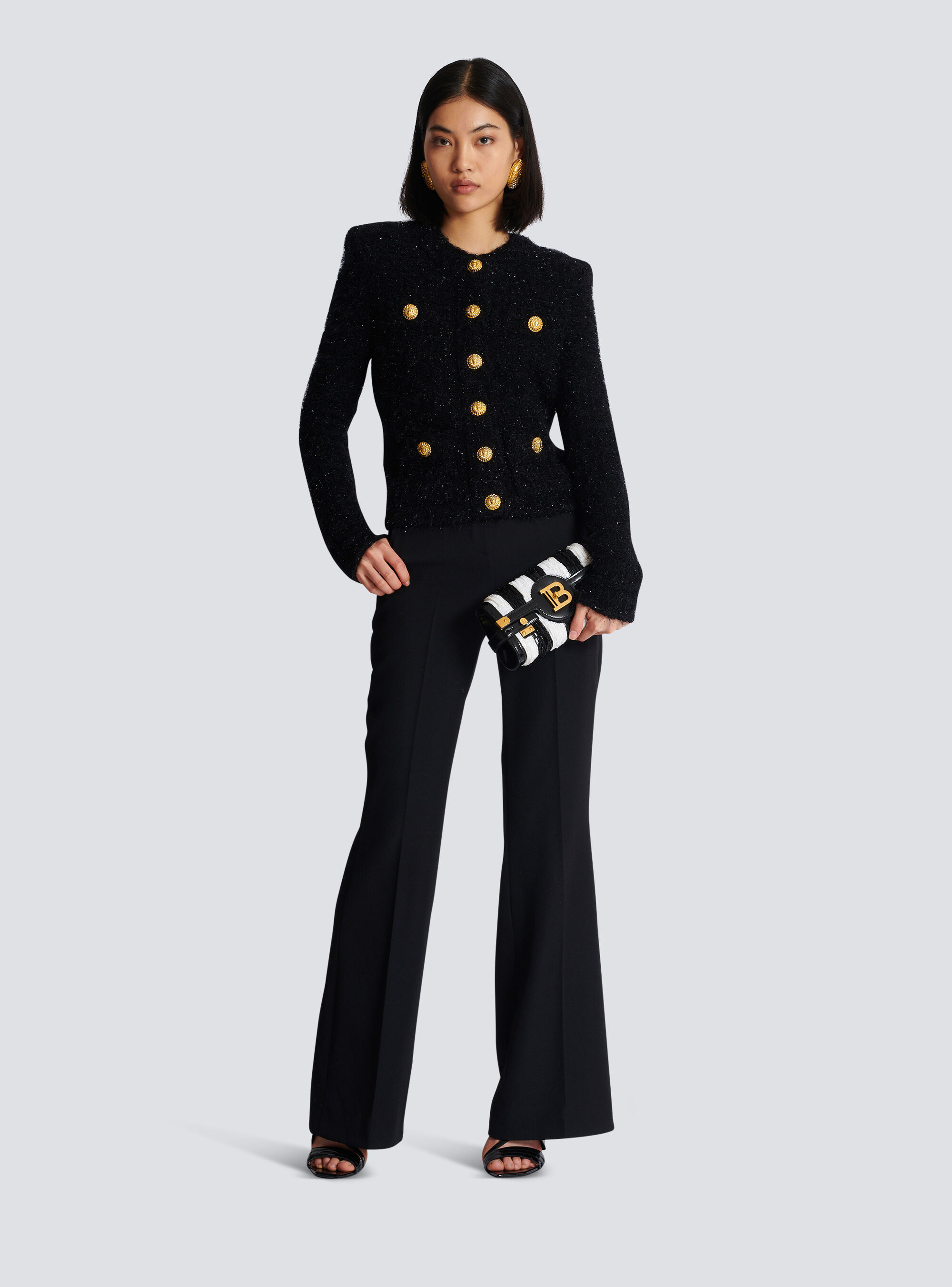 Balmain Collarless Four-pocket Tweed Jacket In Black