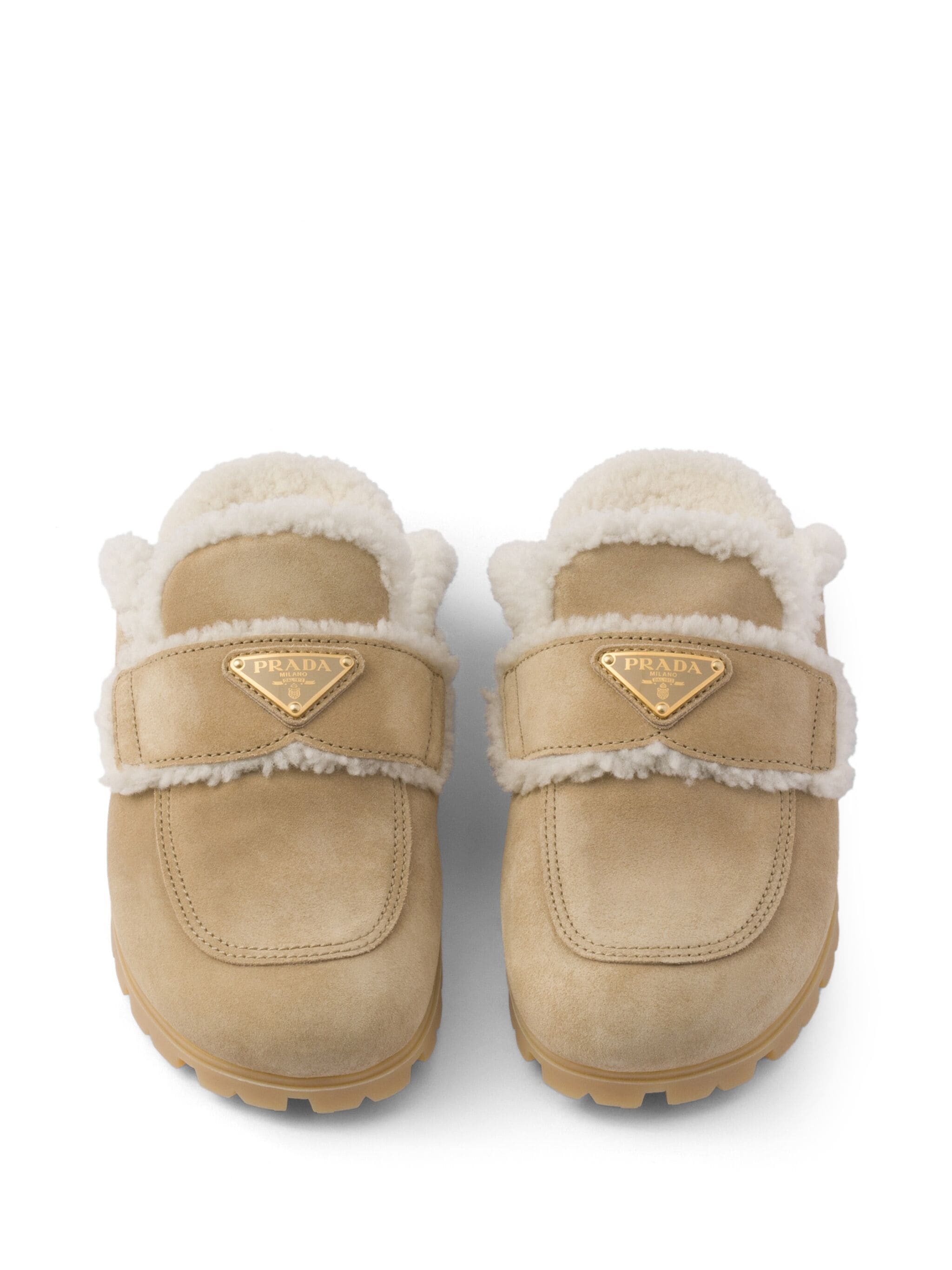 Prada Slipper Aus Wildleder Und Lammfell In Brown