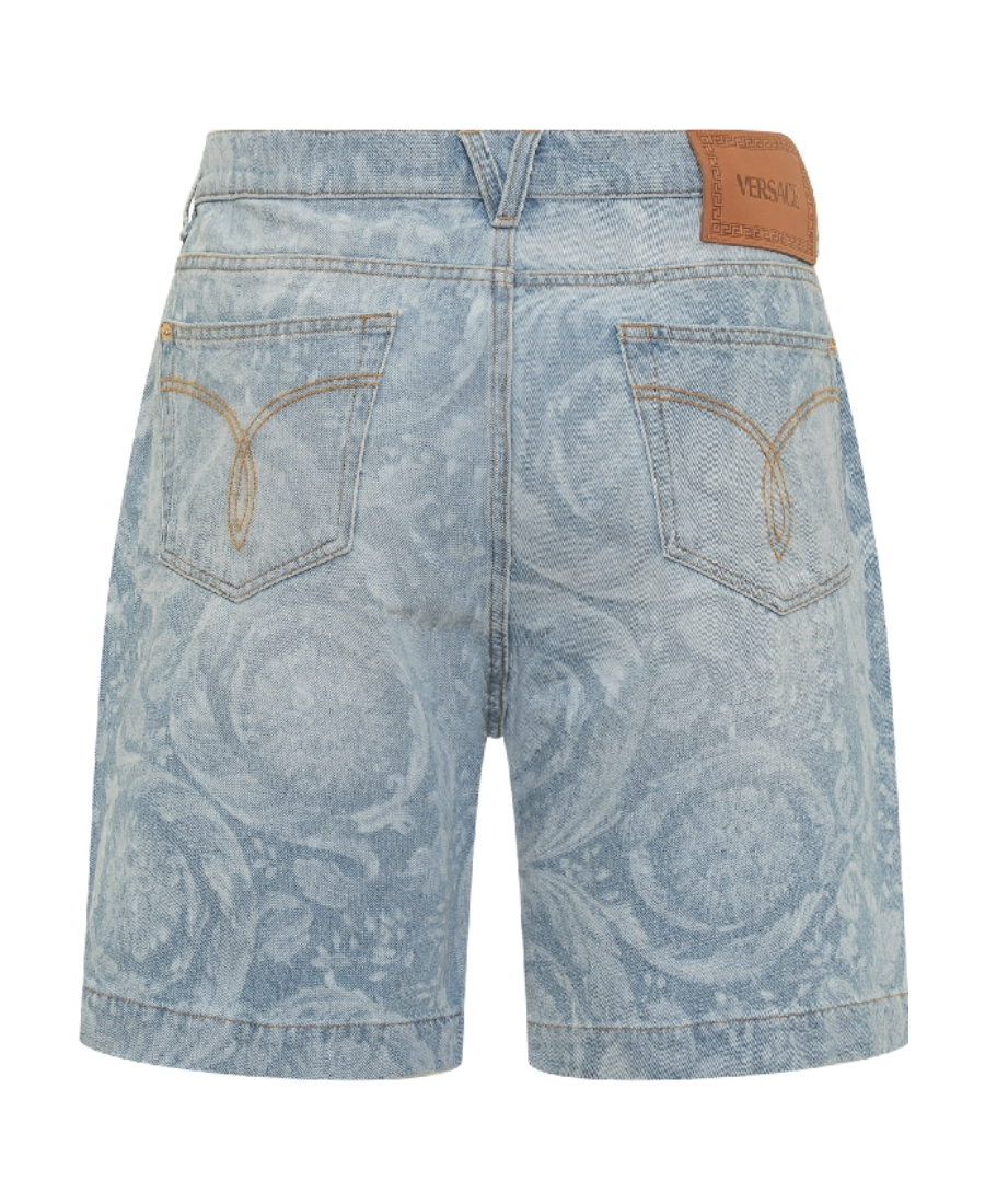 Versace All-over Logo Denim Shorts In Gray