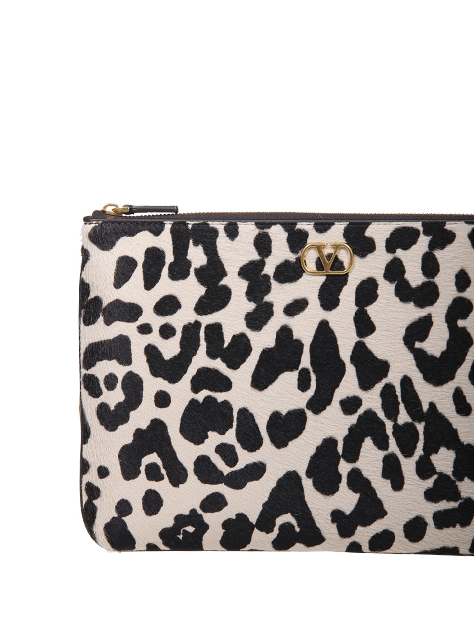 Valentino Vlogo Signature Medium Leopard-print Calf-hair Clutch In Black
