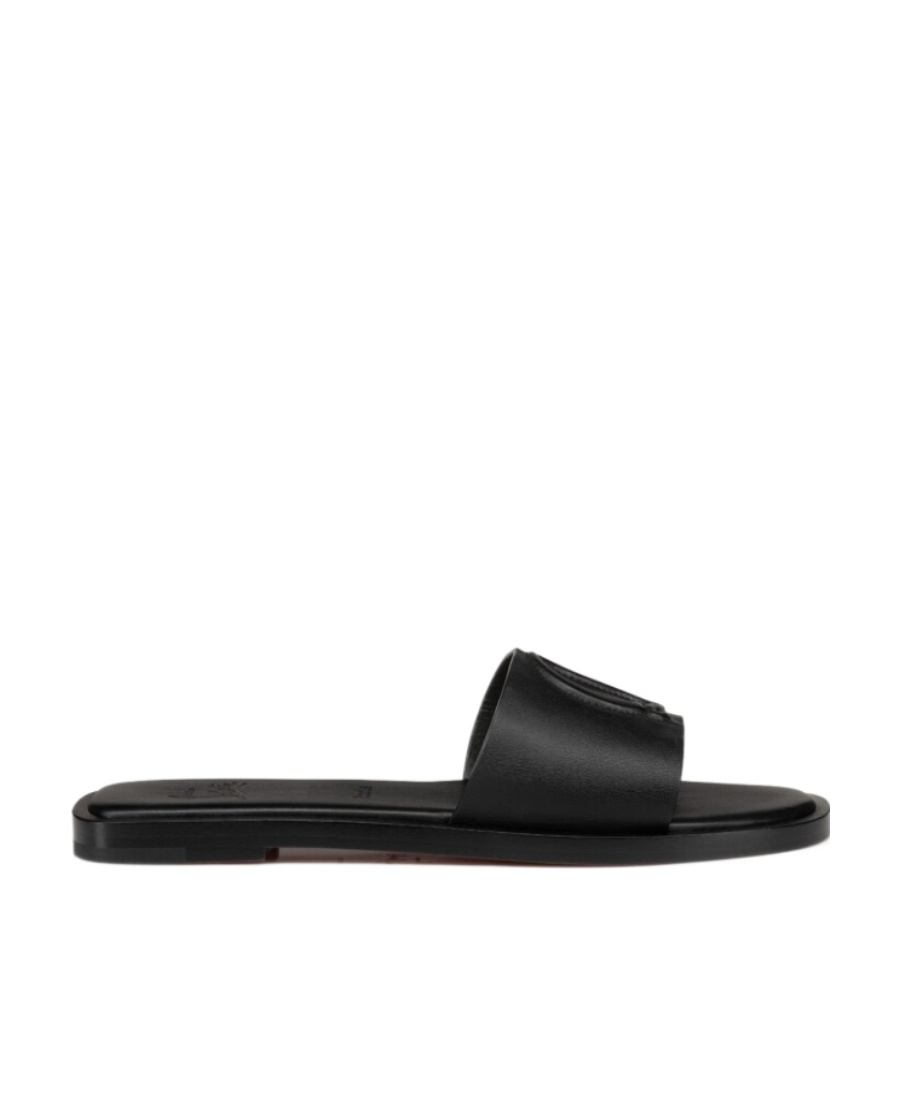 Christian Louboutin Leather Logo Red Sole Slide Sandals In Black