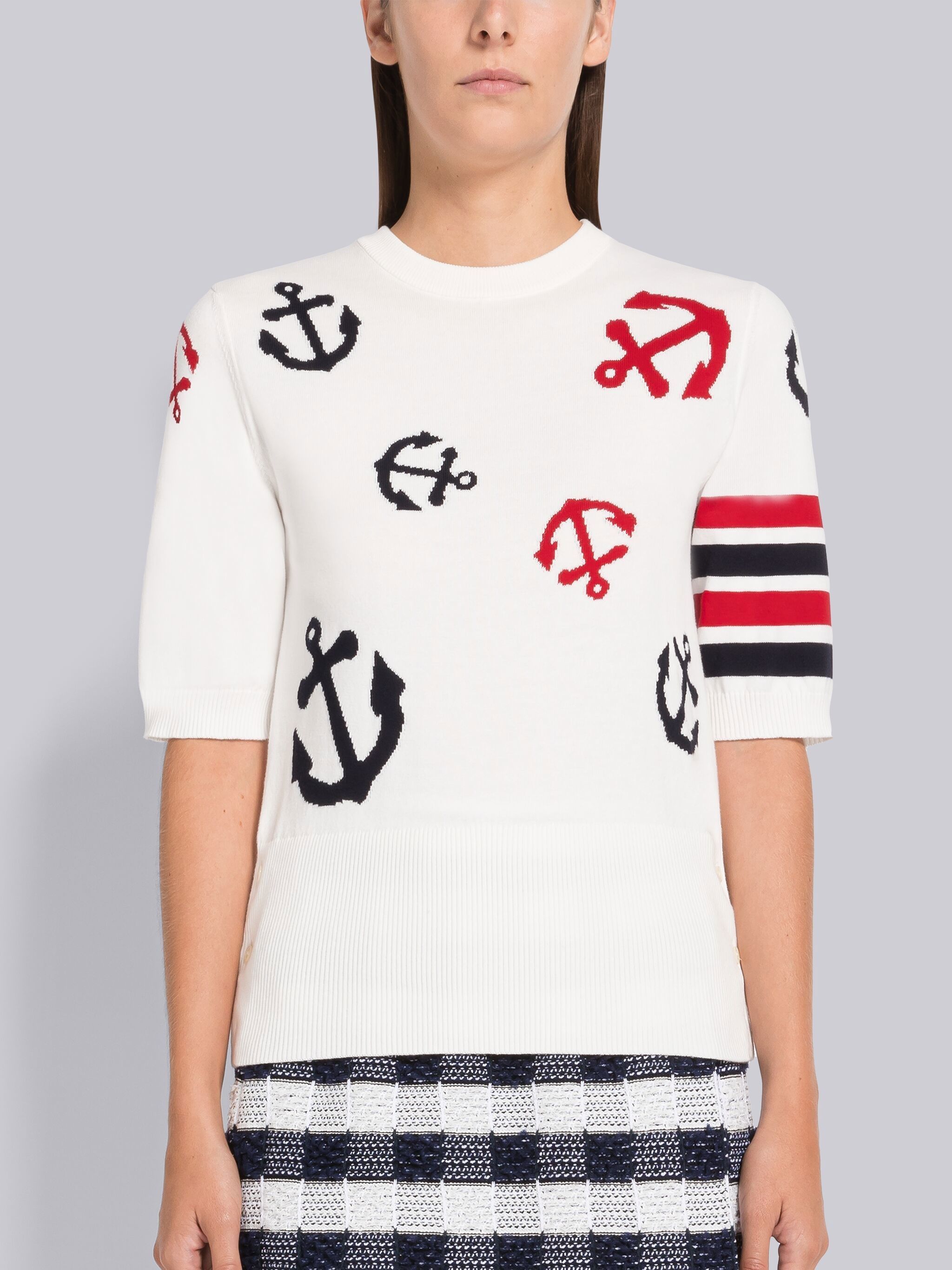 Thom Browne Anchor Intarsia Knit Top In White