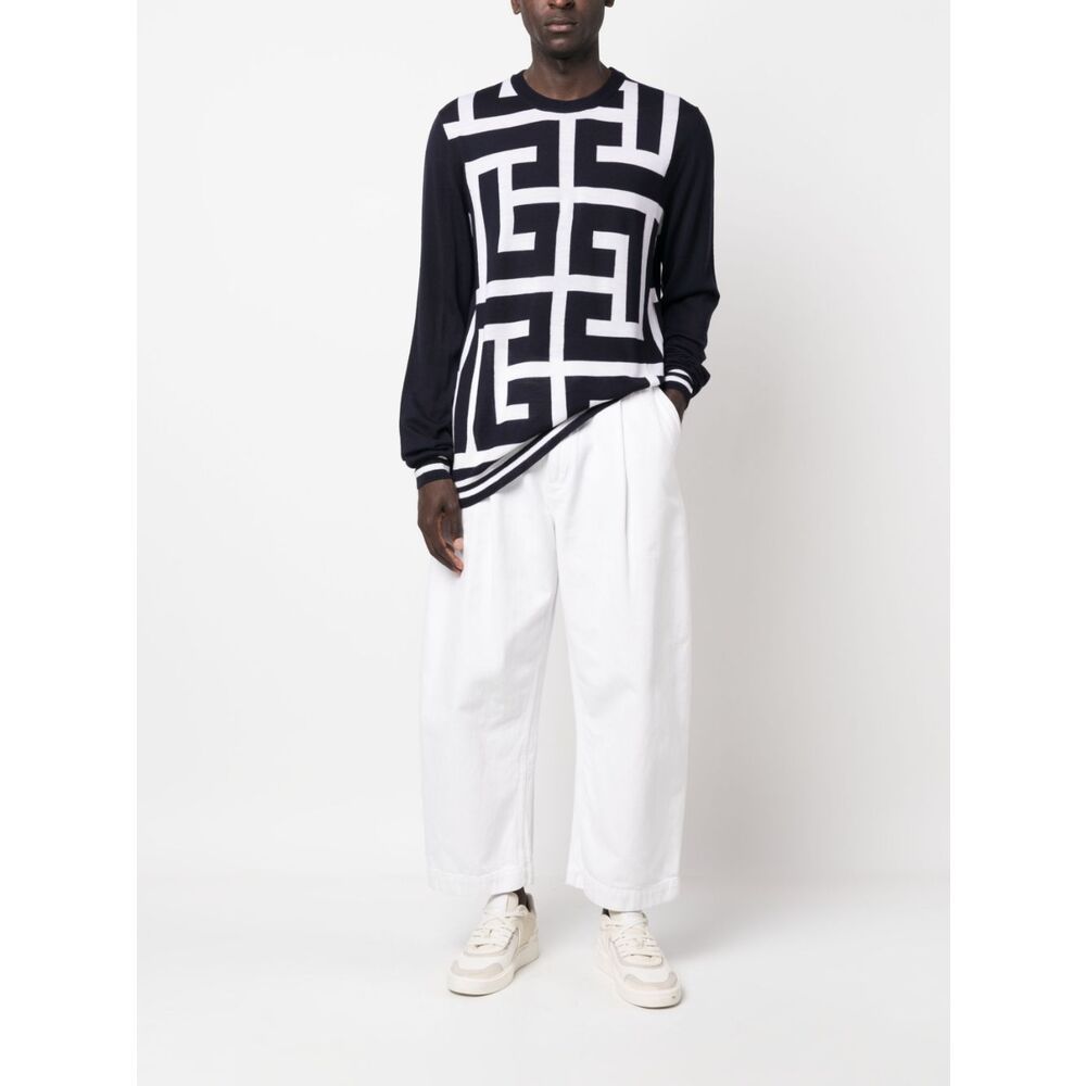 Balmain Monogram-print Merino Wool Jumper In Black