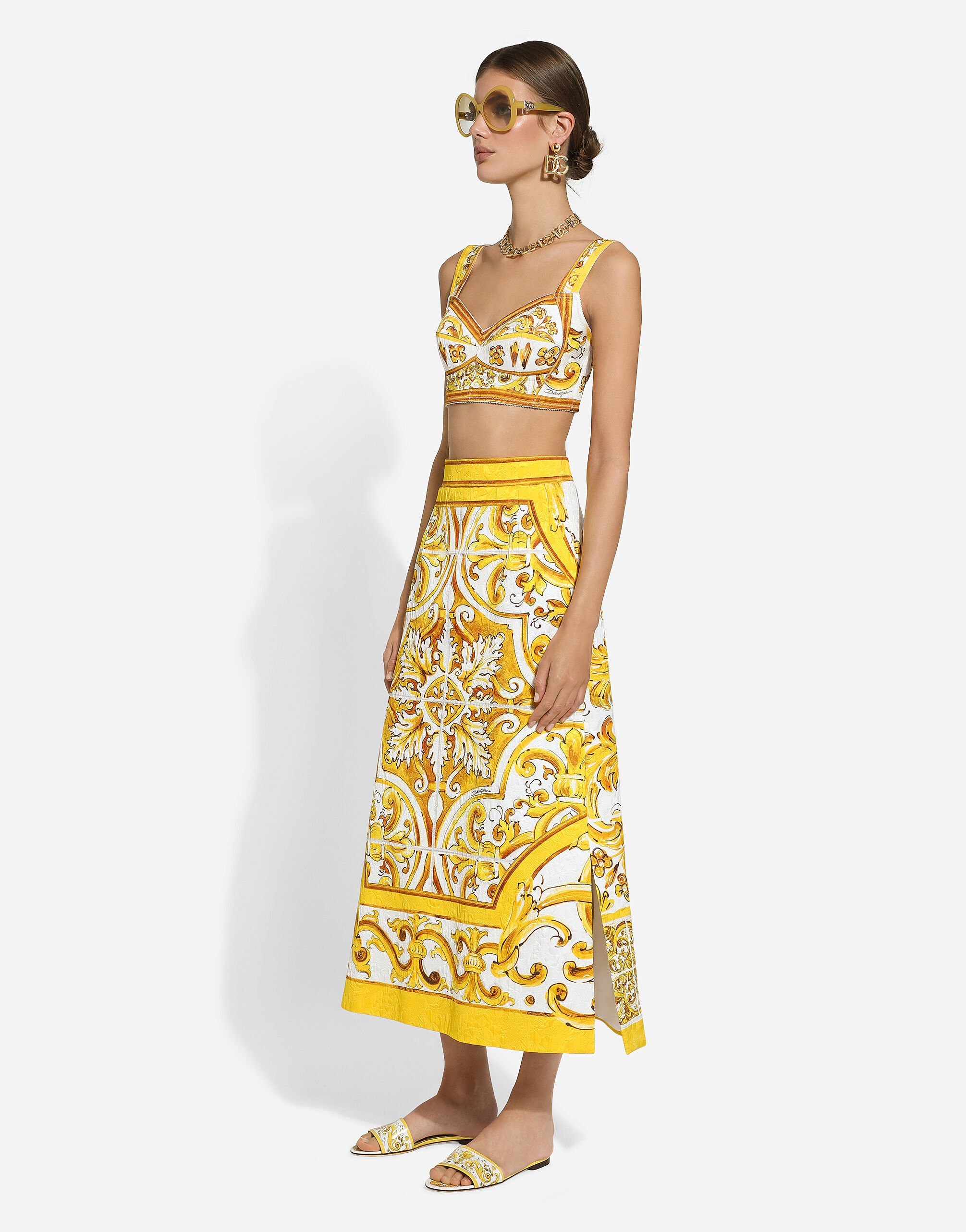 Dolce & Gabbana Majolica Print Midi A-line Skirt In Yellow