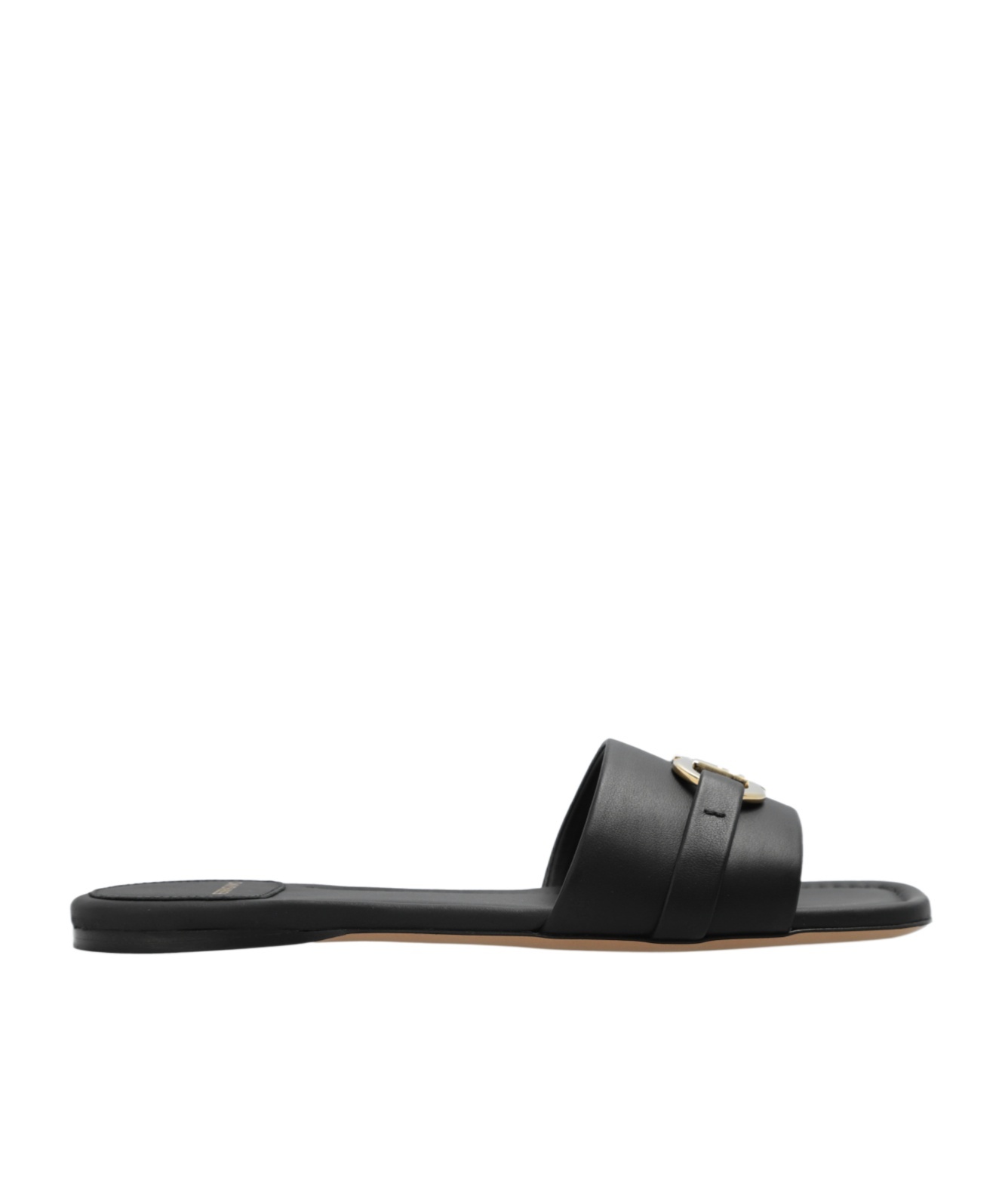 Ferragamo Leather Slides With Flat Sole And Gold-tone Hardware In Black