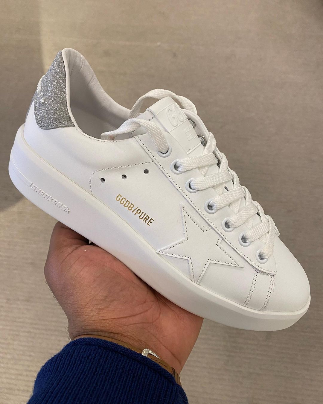 Golden Goose Purestar Sneakers In White Leather With Tone-on-tone Star And Silver Micro-glitter Heel Tab In White