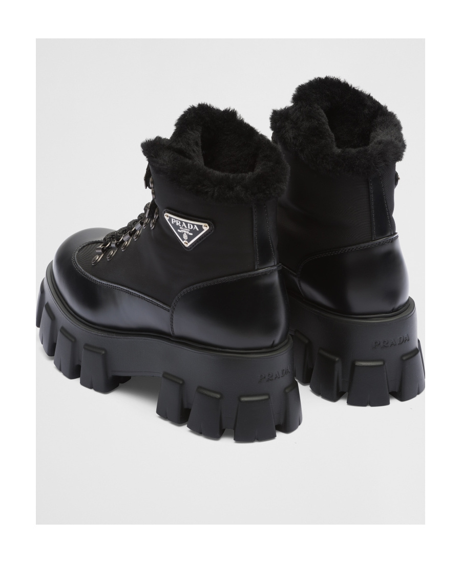 Prada Monolith Laced Short Boots In Black
